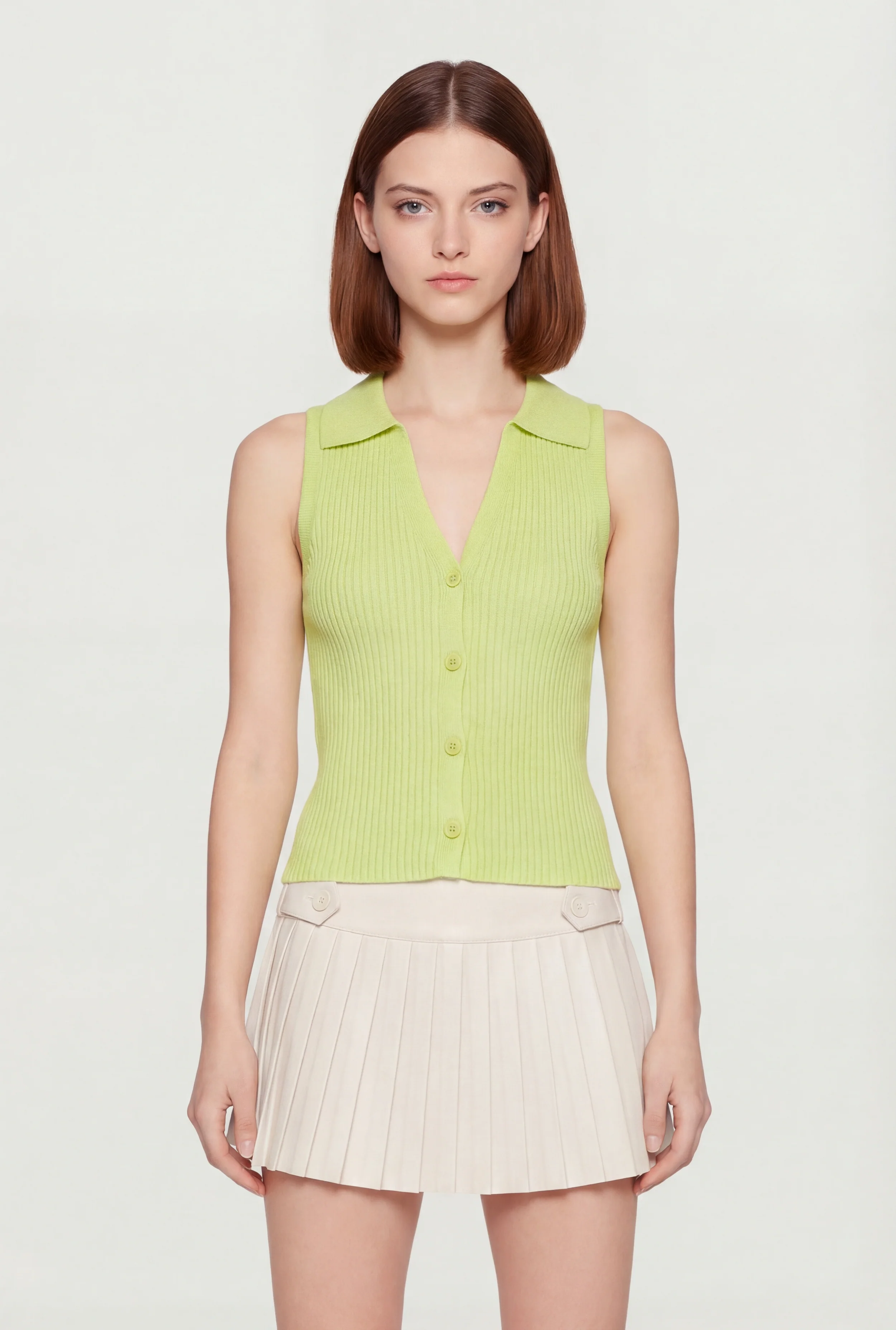 Rib Knit Button Front Collared Blouse - Image 3