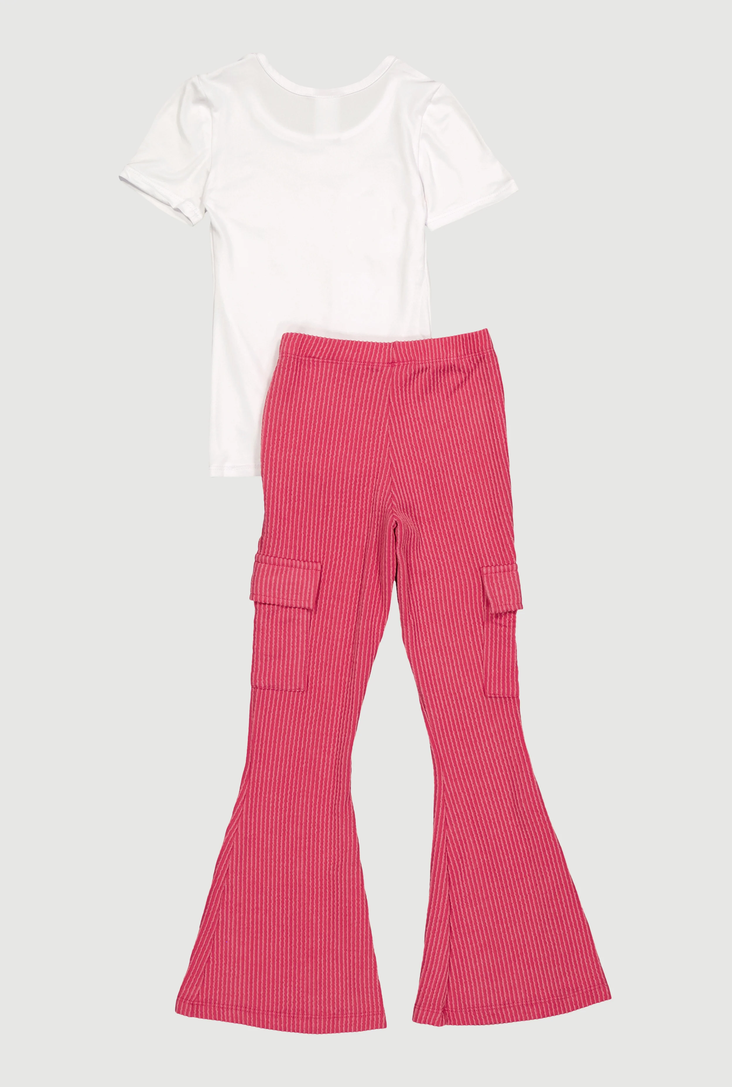 Little Girls Bear Bow Graphic Tee and Flare Leg Cargo Pants - Image 3