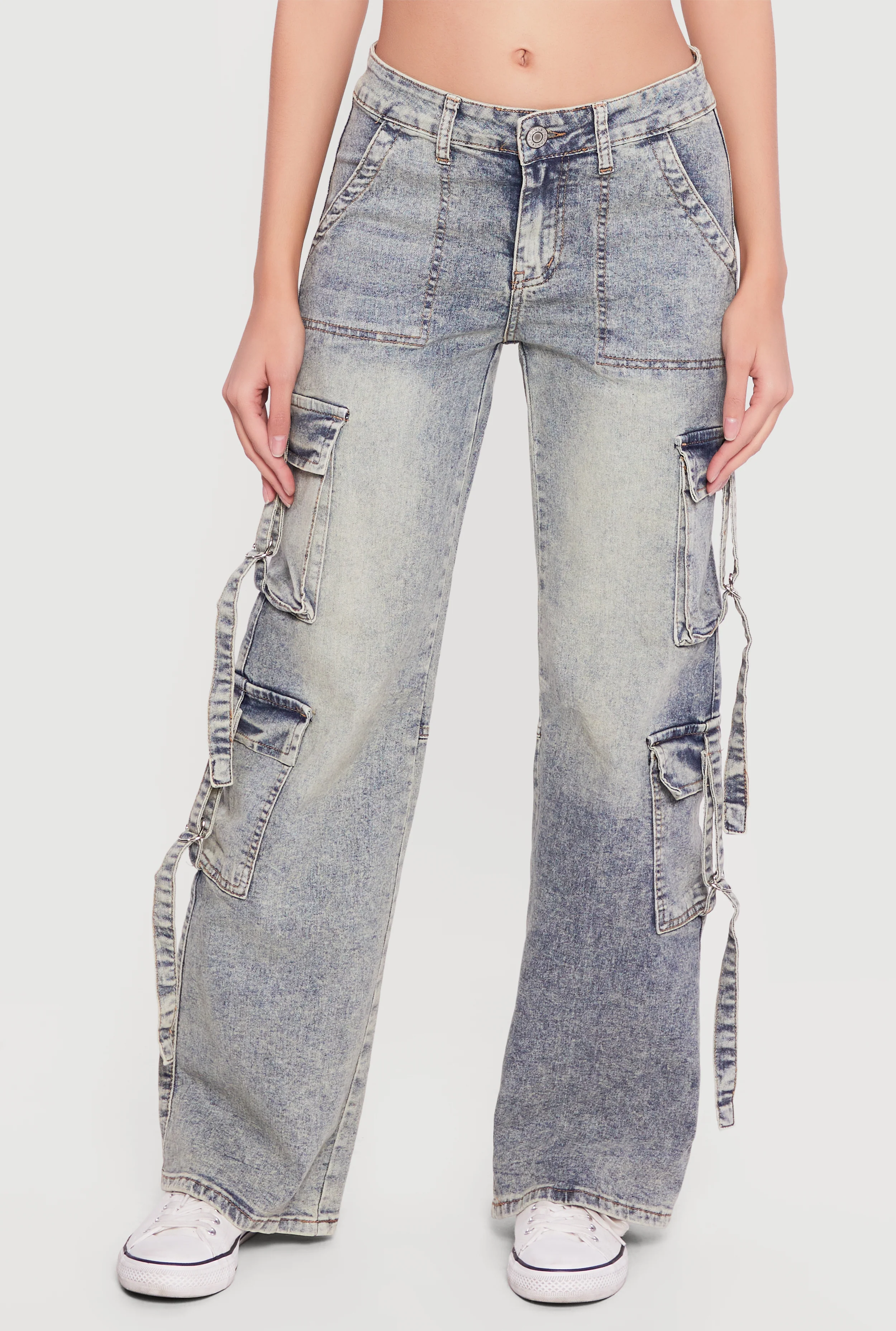 Acid Wash Cargo Pocket Straight Leg Jeans - Image 3
