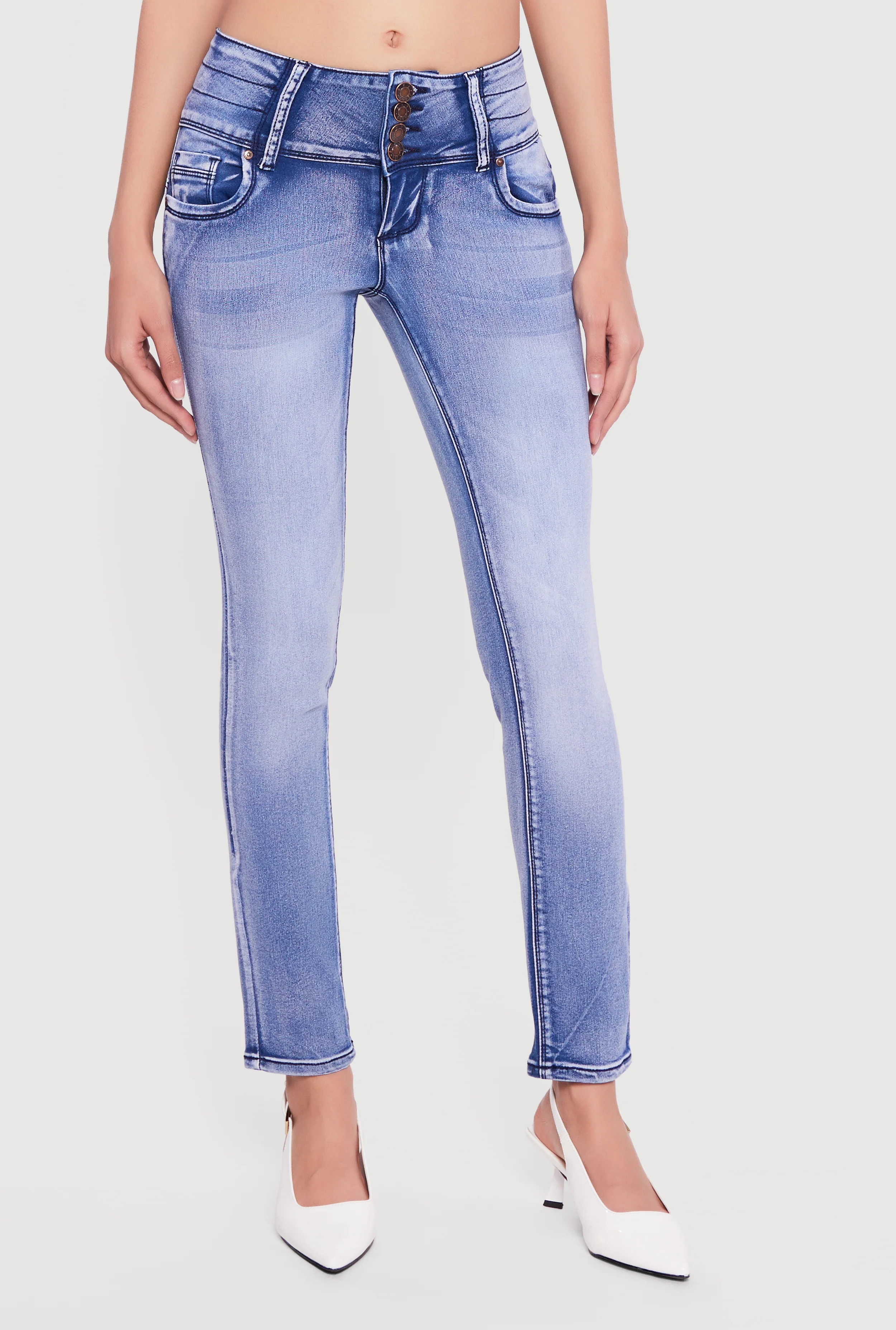 Mid Rise 4 Button Skinny Jeans - Image 3