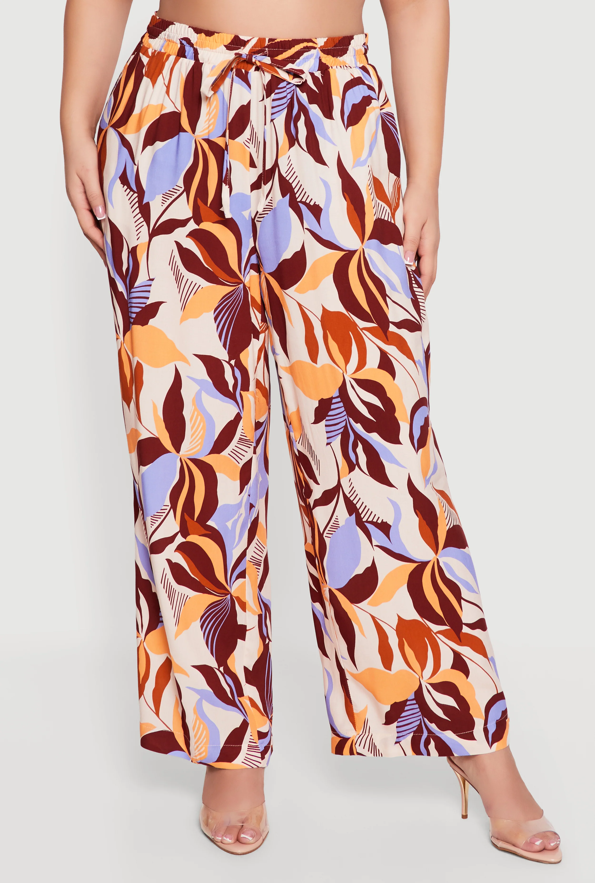 Plus Size Abstract Floral Drawstring Waist Wide Leg Pants - Image 3