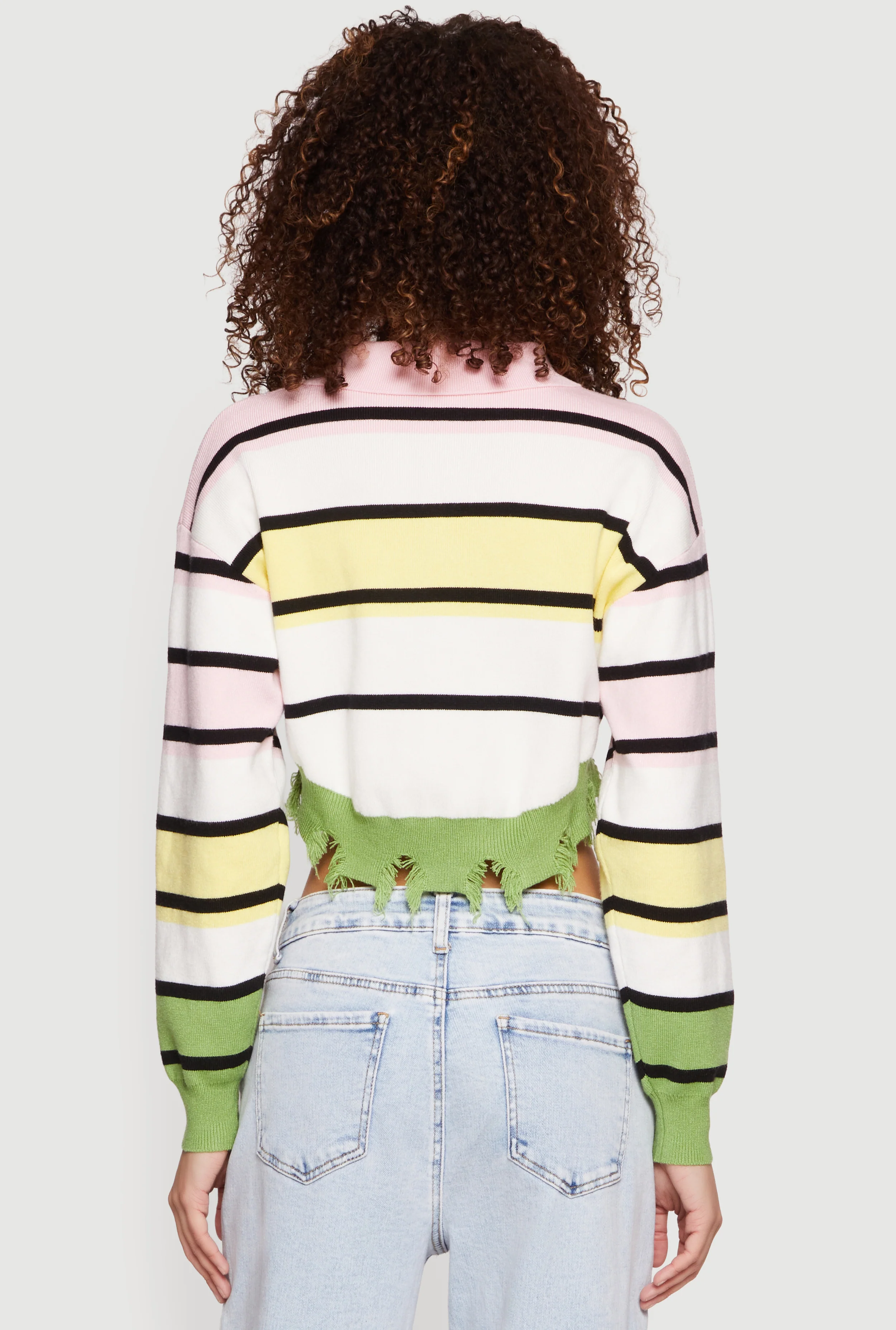 Striped Frayed Hem Cropped Polo Sweater - Image 5