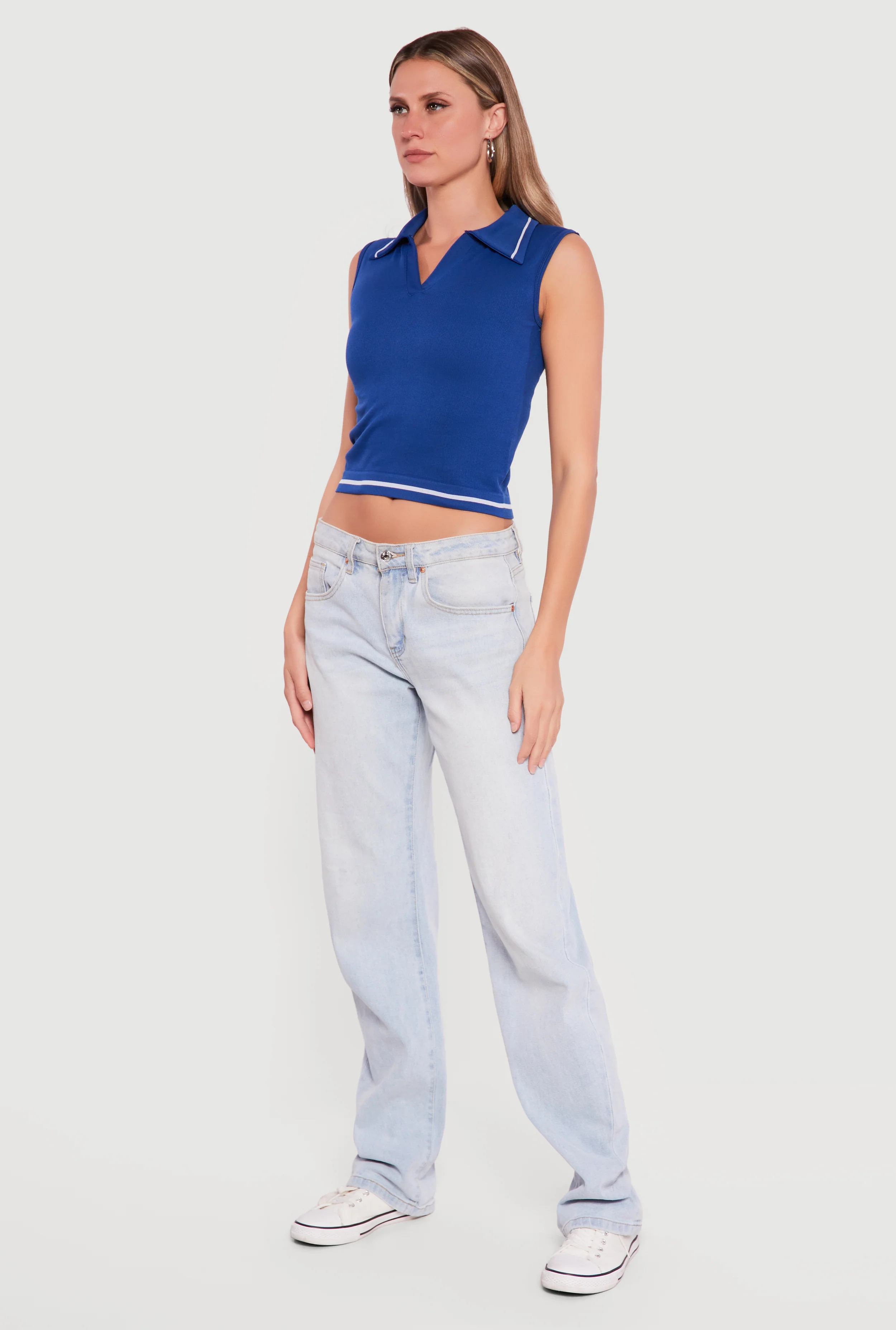 Seamless Rib Knit Sleeveless Polo Crop Top - Image 3