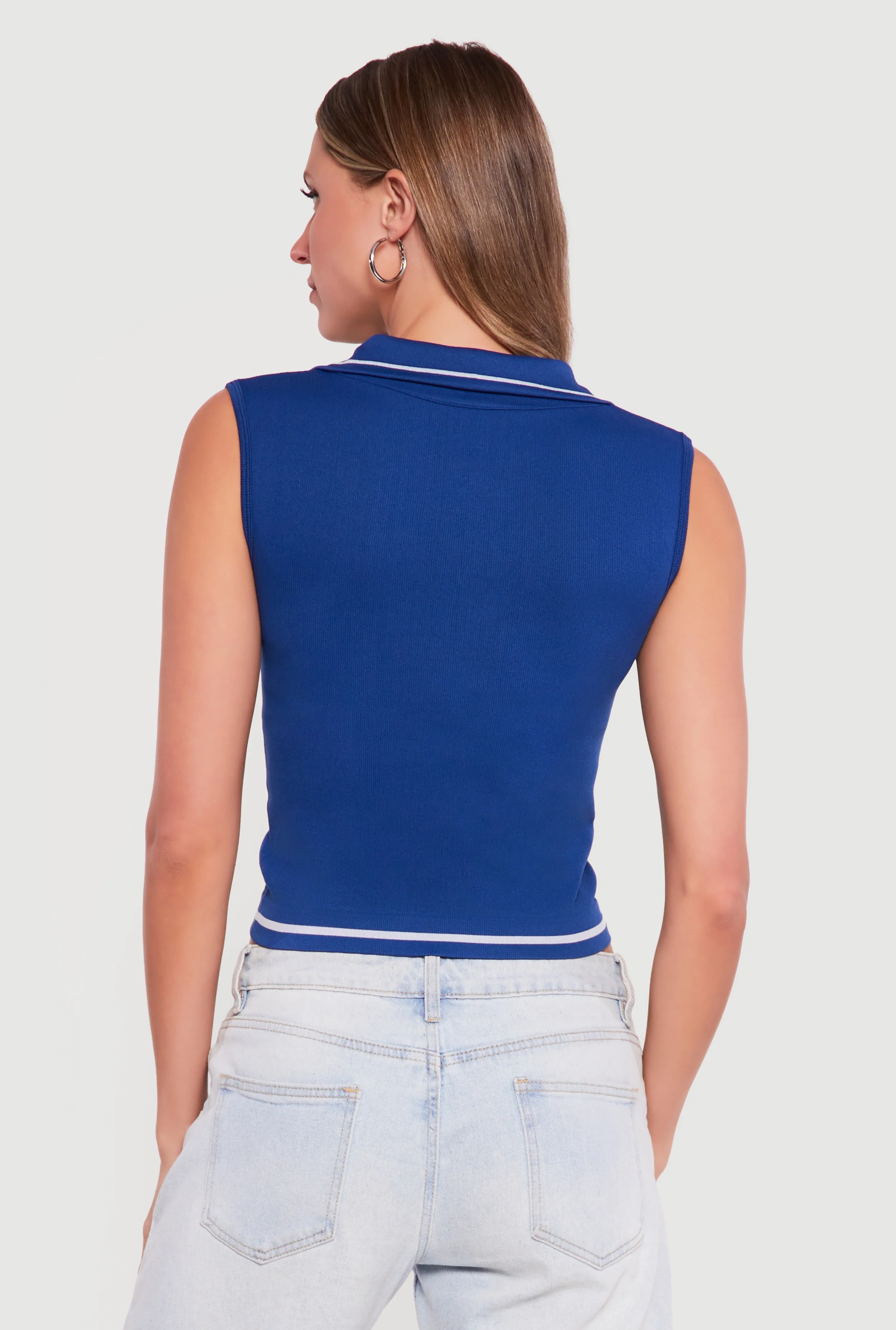 Seamless Rib Knit Sleeveless Polo Crop Top - Image 5