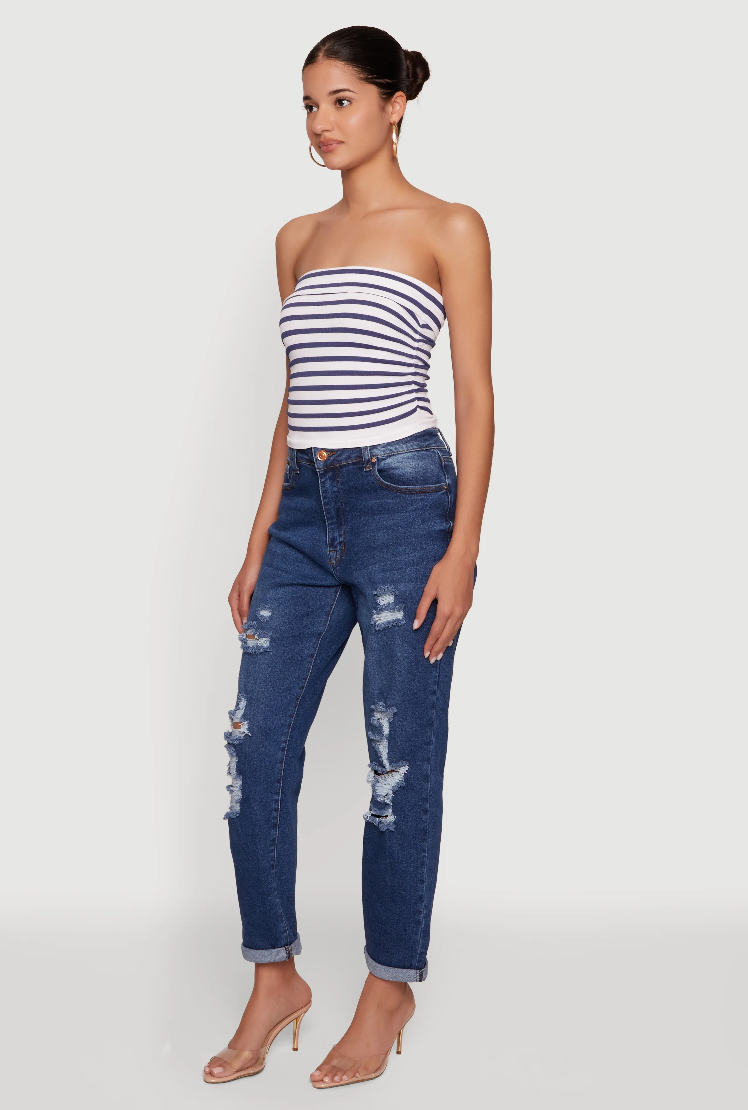 Striped Fold Over Ruched Side Cropped Tube Top - Image 3