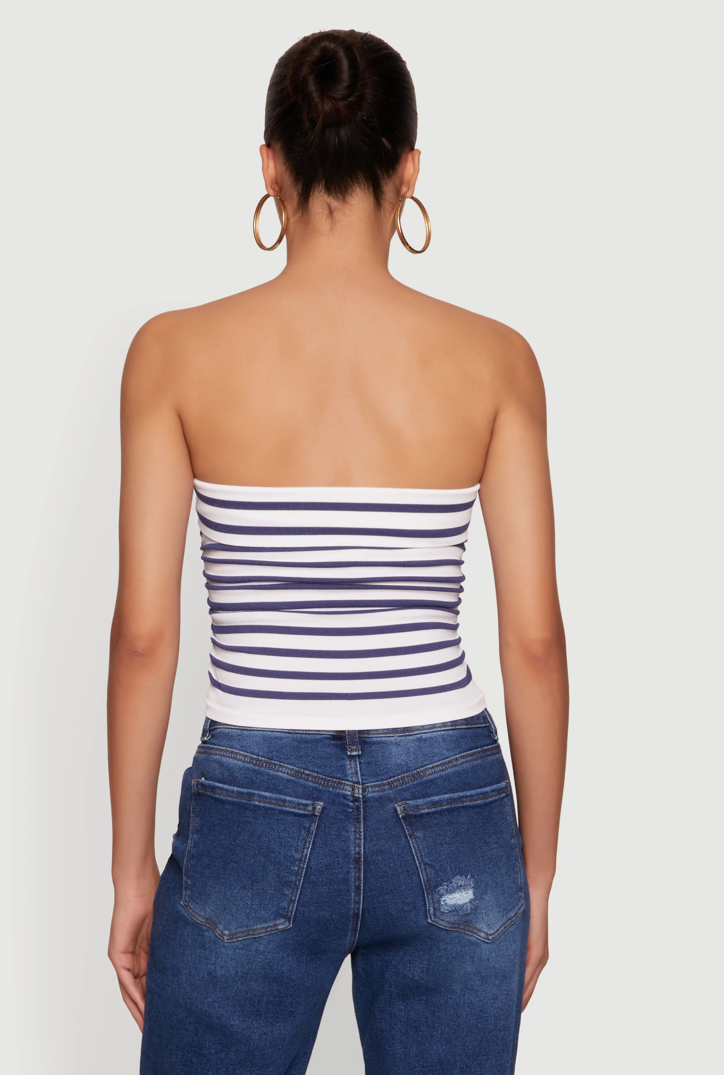 Striped Fold Over Ruched Side Cropped Tube Top - Image 5