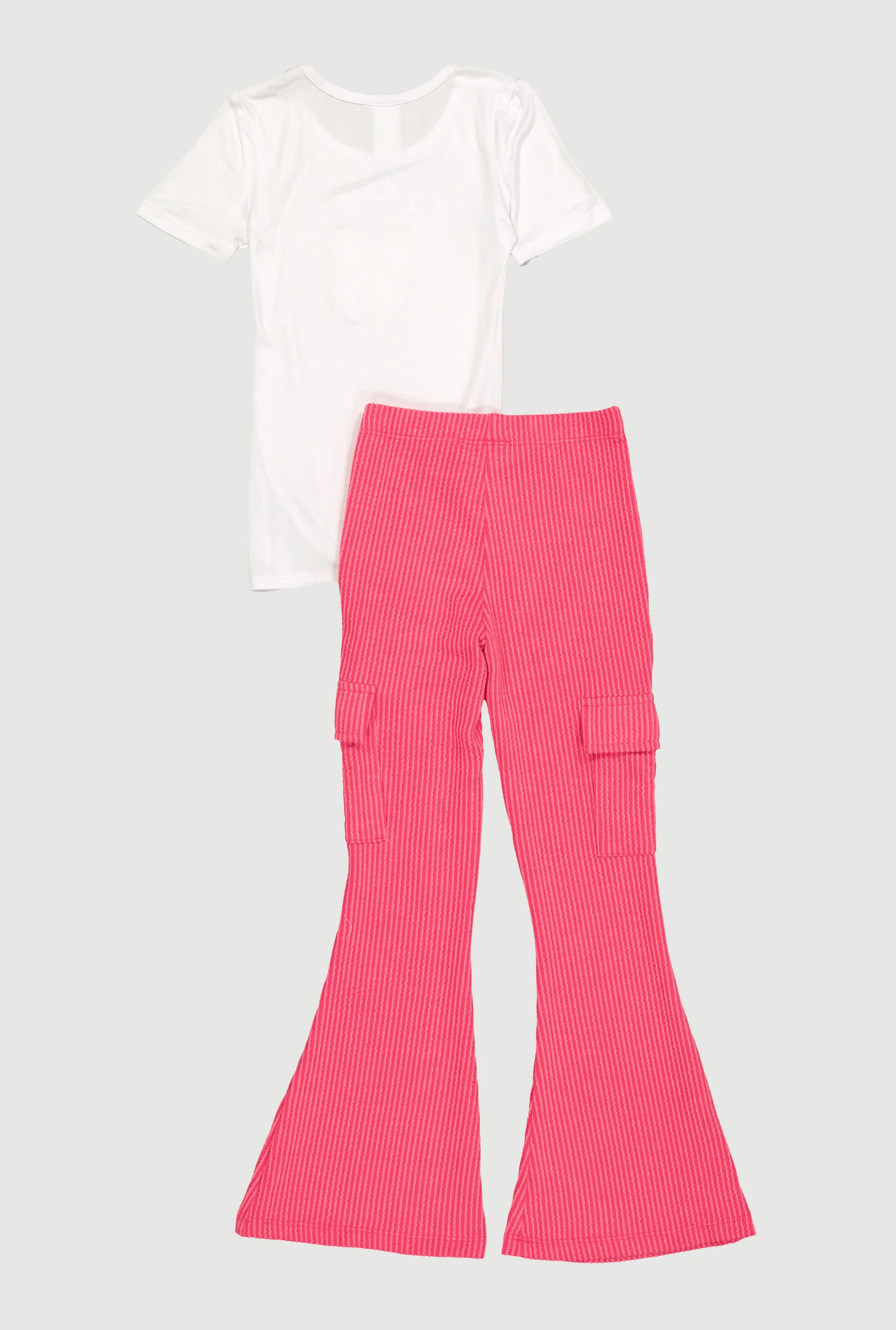 Little Girls Rhinestone Bow Tie Front Tee and Cargo Flare Pants - Image 3