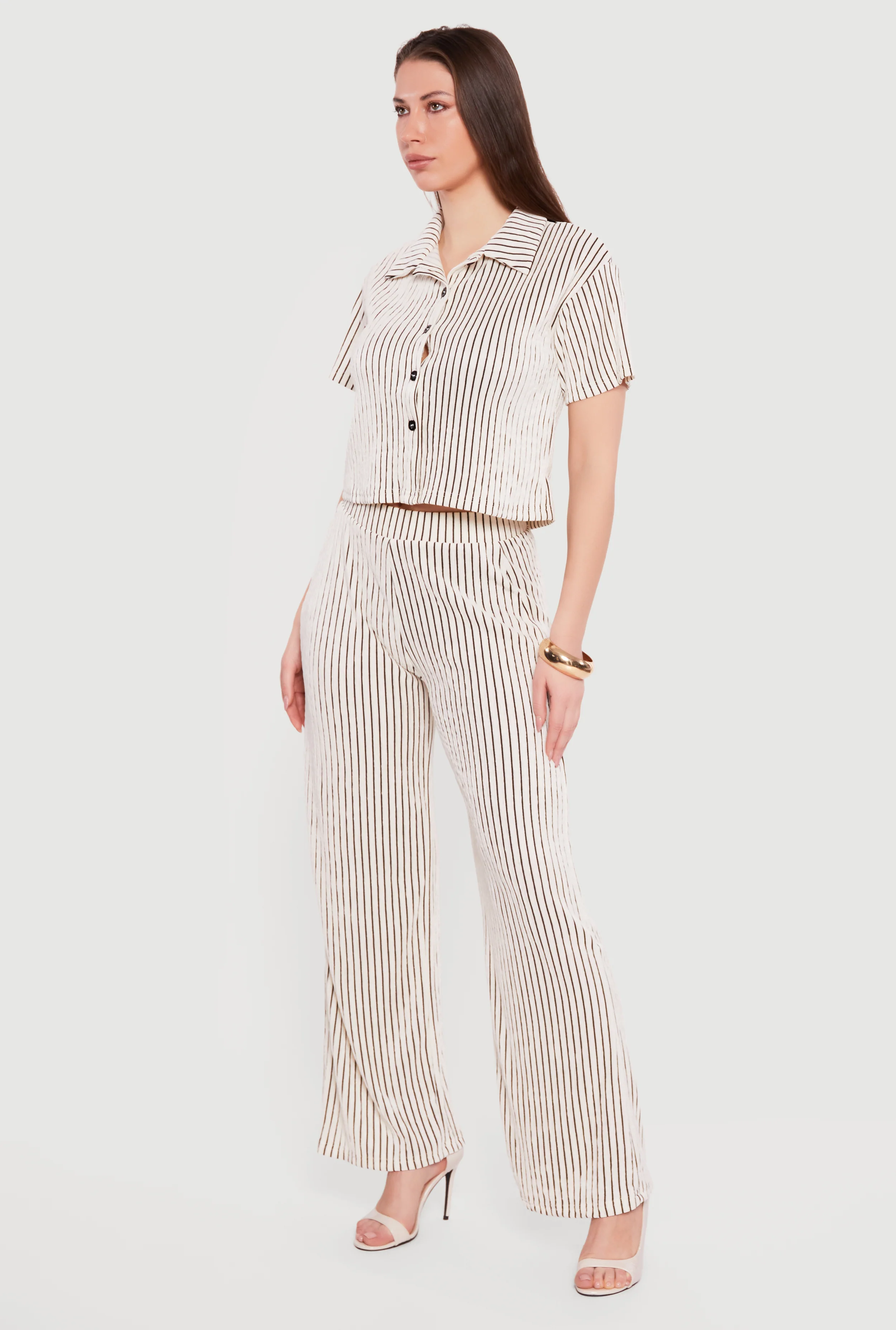 Striped Plisse Short Sleeve Button Front Shirt - Image 3