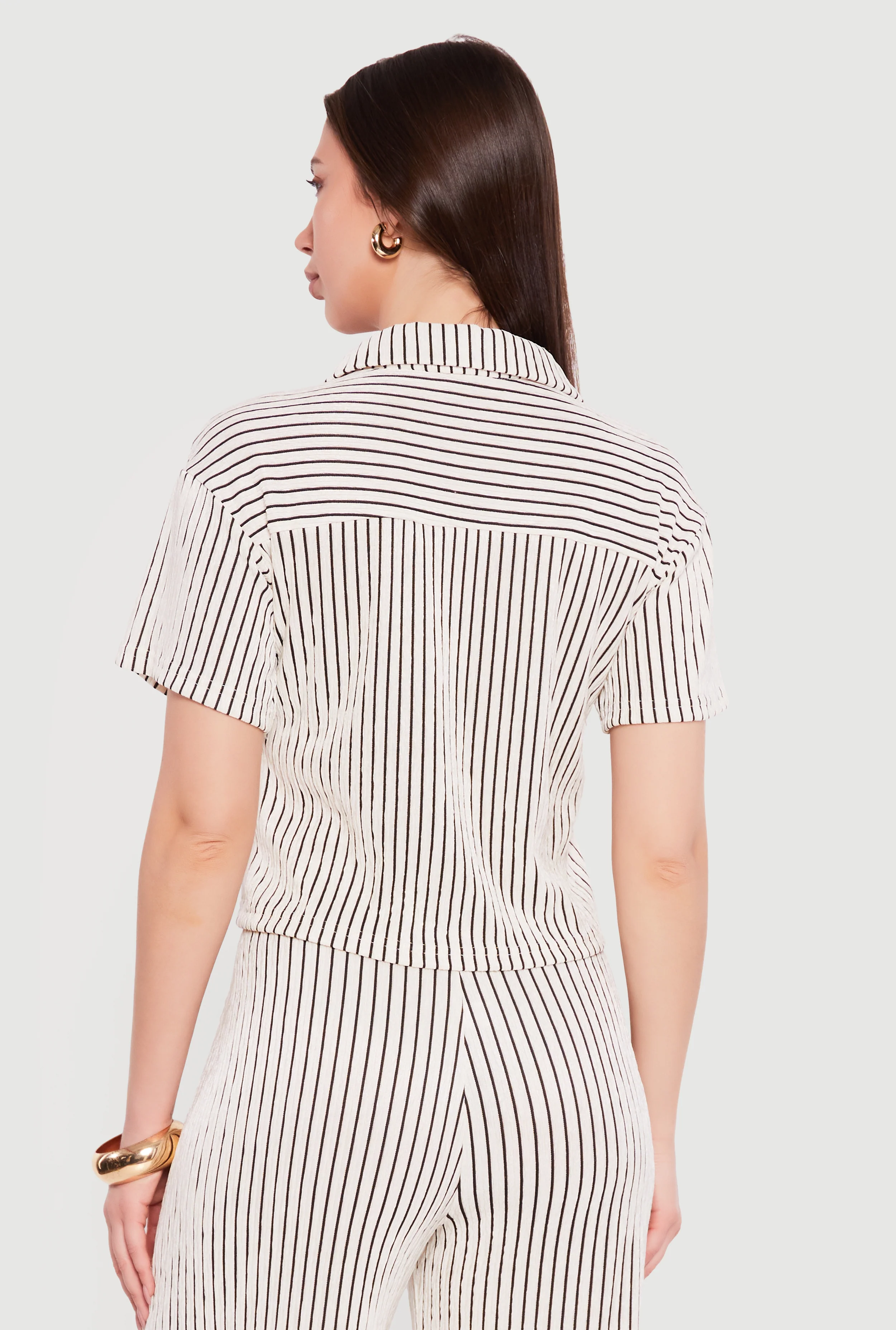 Striped Plisse Short Sleeve Button Front Shirt - Image 5