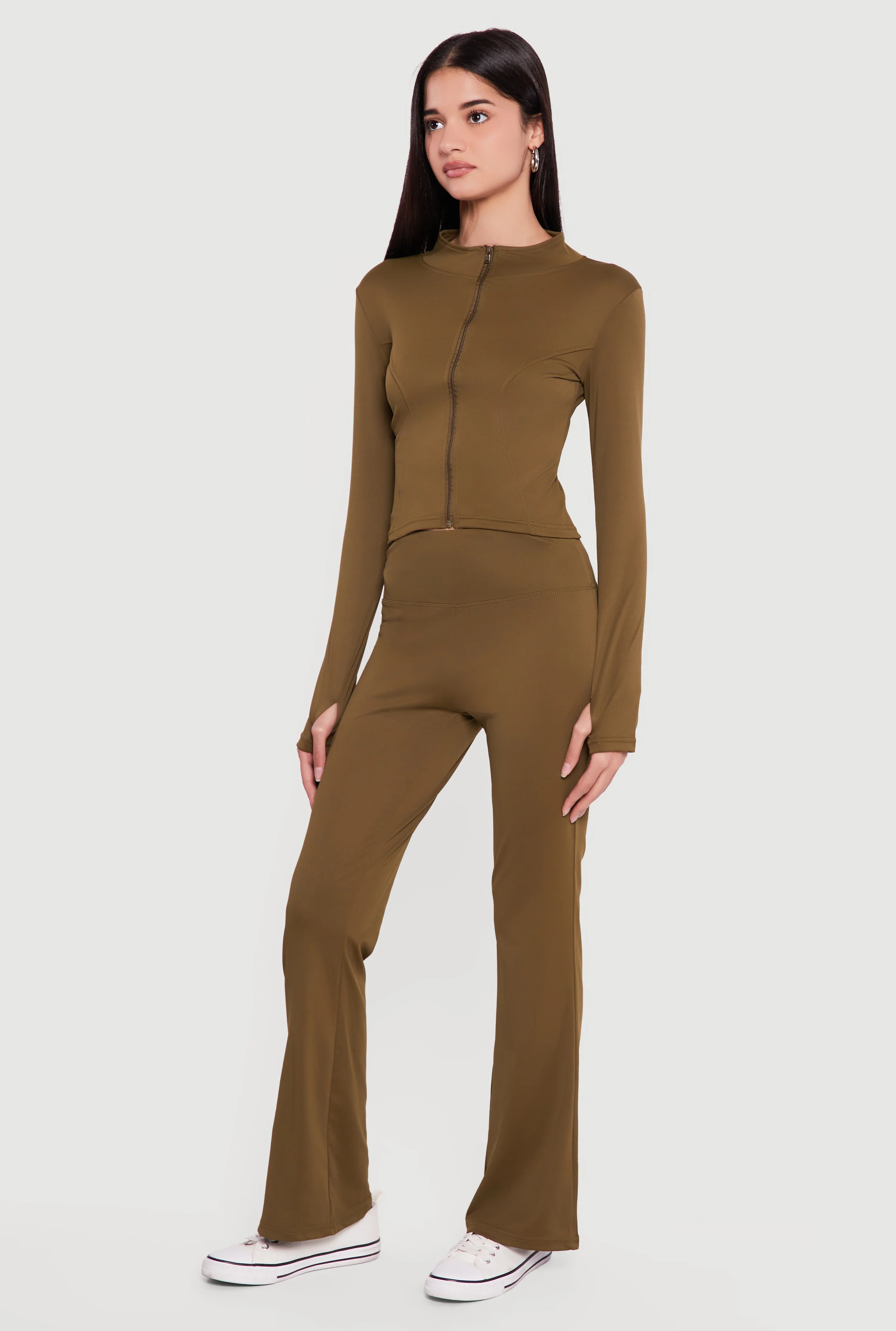 Cropped Mock Neck Zip Front Jacket with Thumb Holes - Image 3