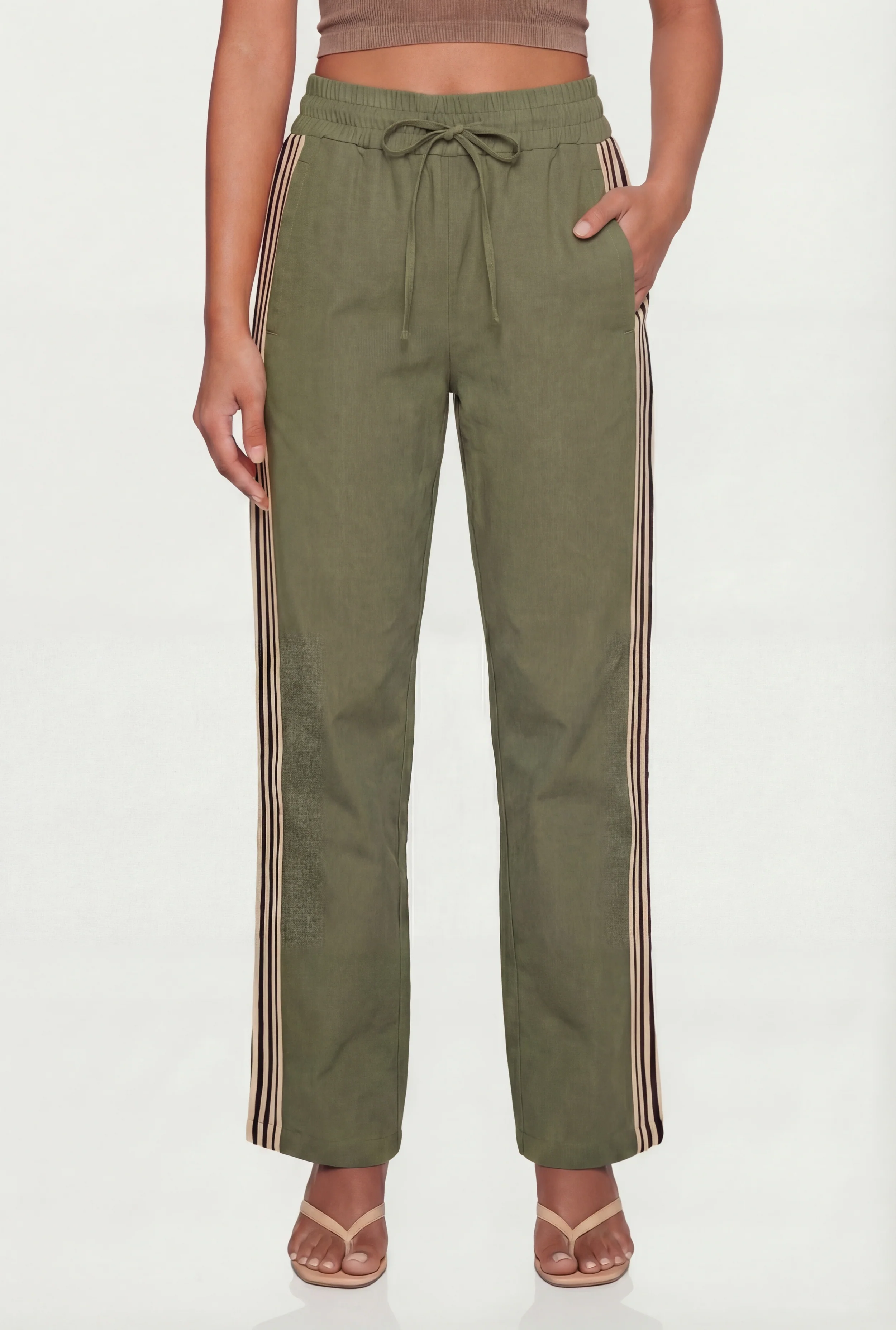 Side Stripe Drawstring Waist Straight Leg Track Pants - Image 3