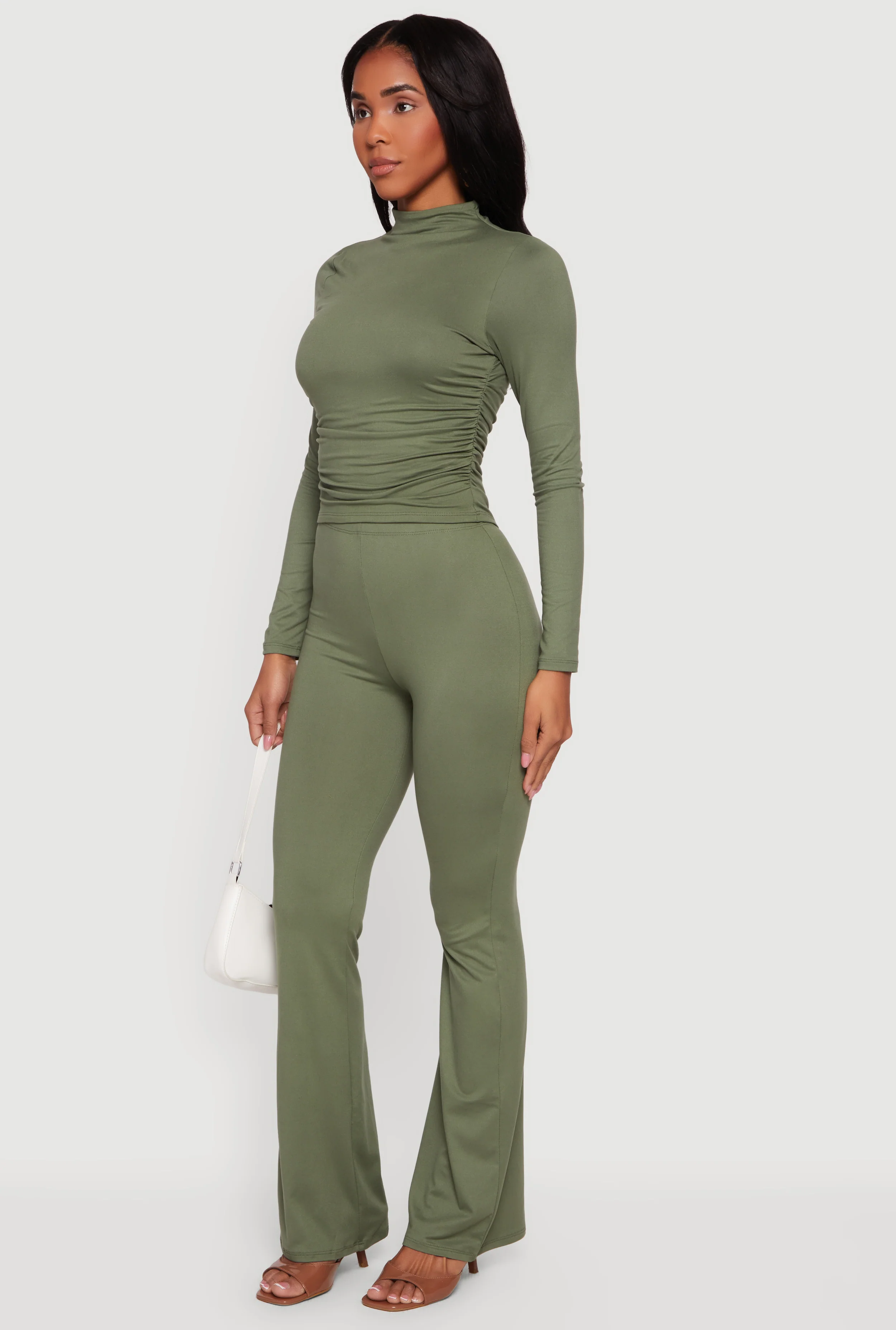 Soft Knit Ruched Side Long Sleeve Mock Neck Top - Image 3