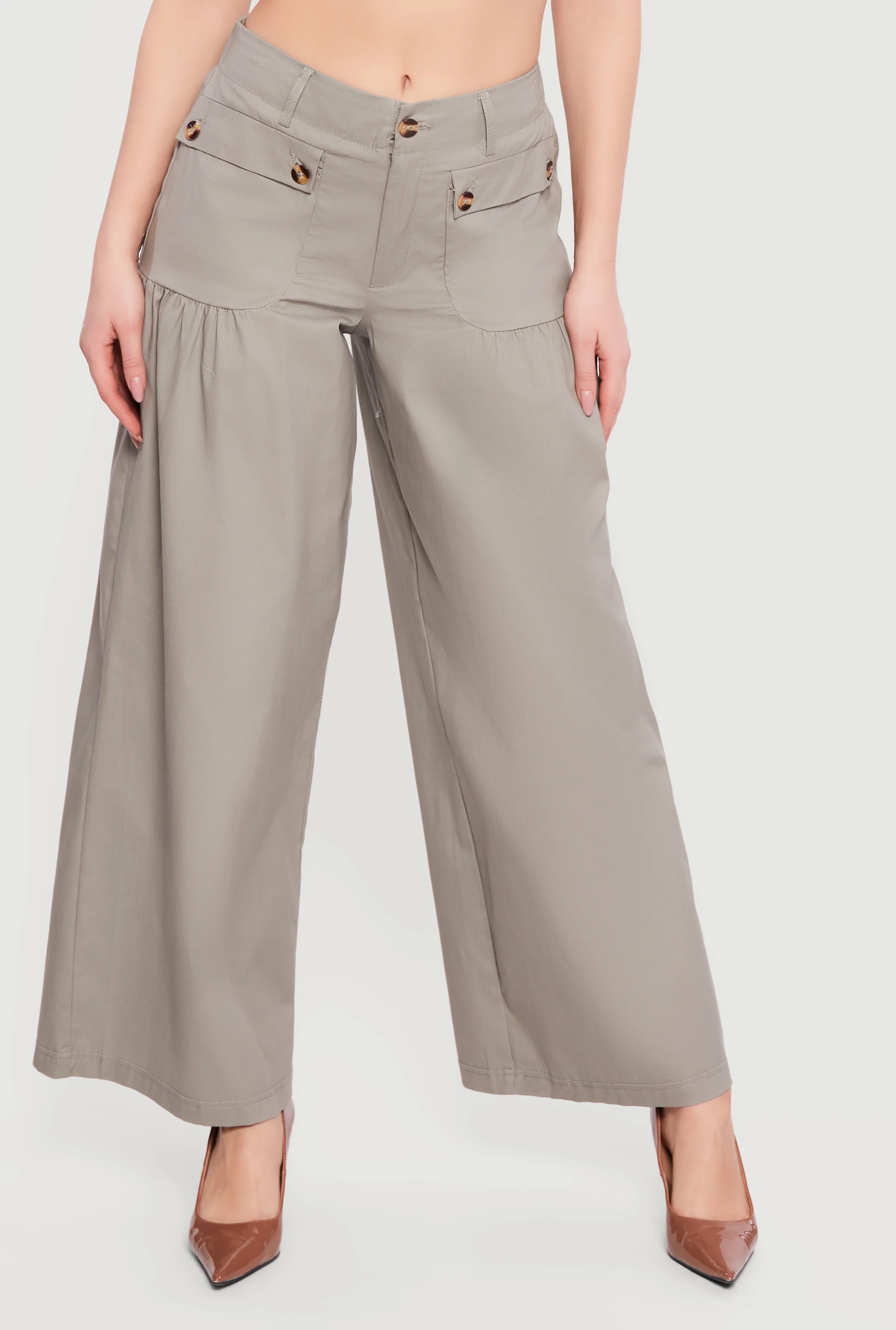 Solid Twill Wide Leg Palazzo Pants - Image 3