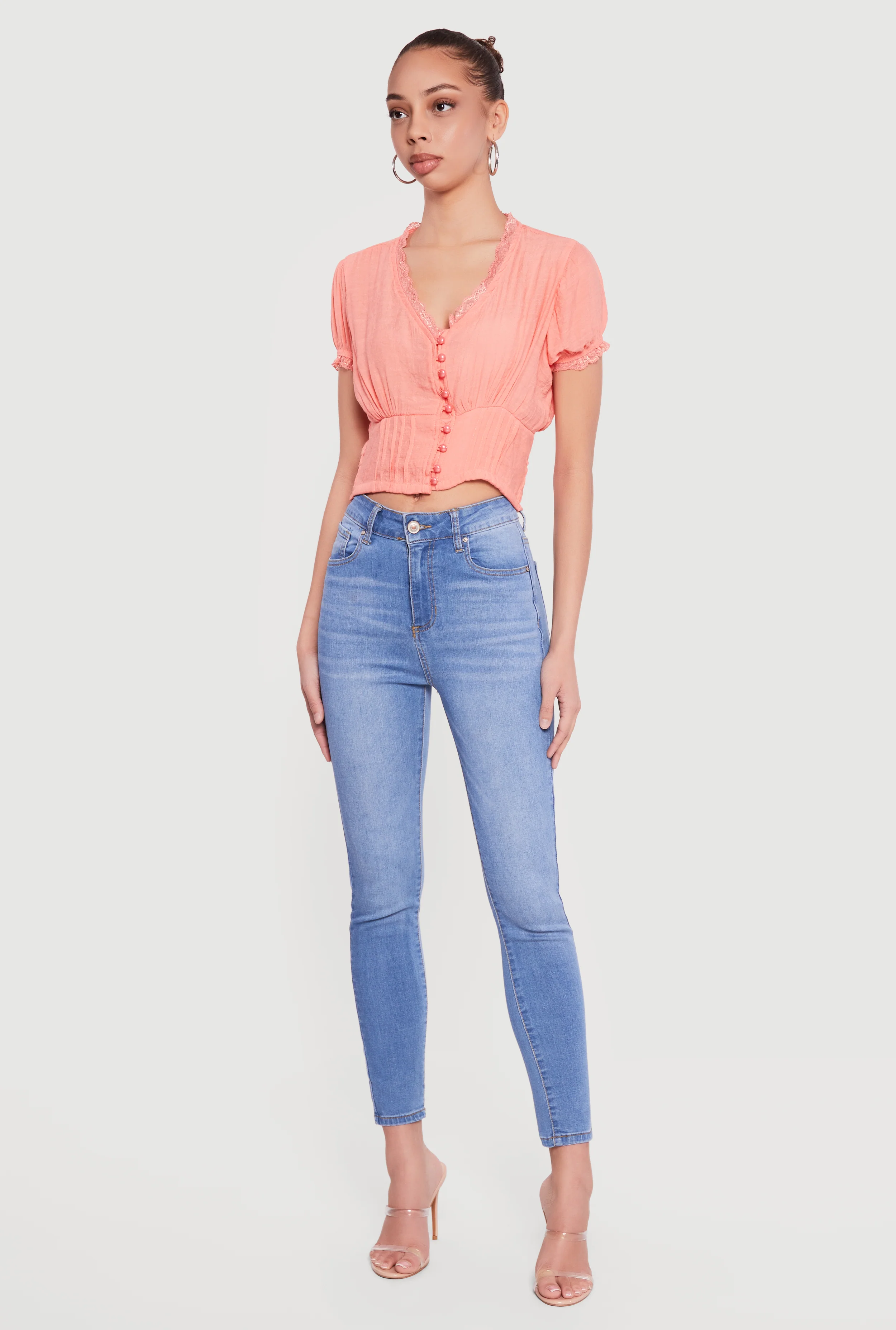 Puff Sleeve Cropped Button Front Blouse - Image 3