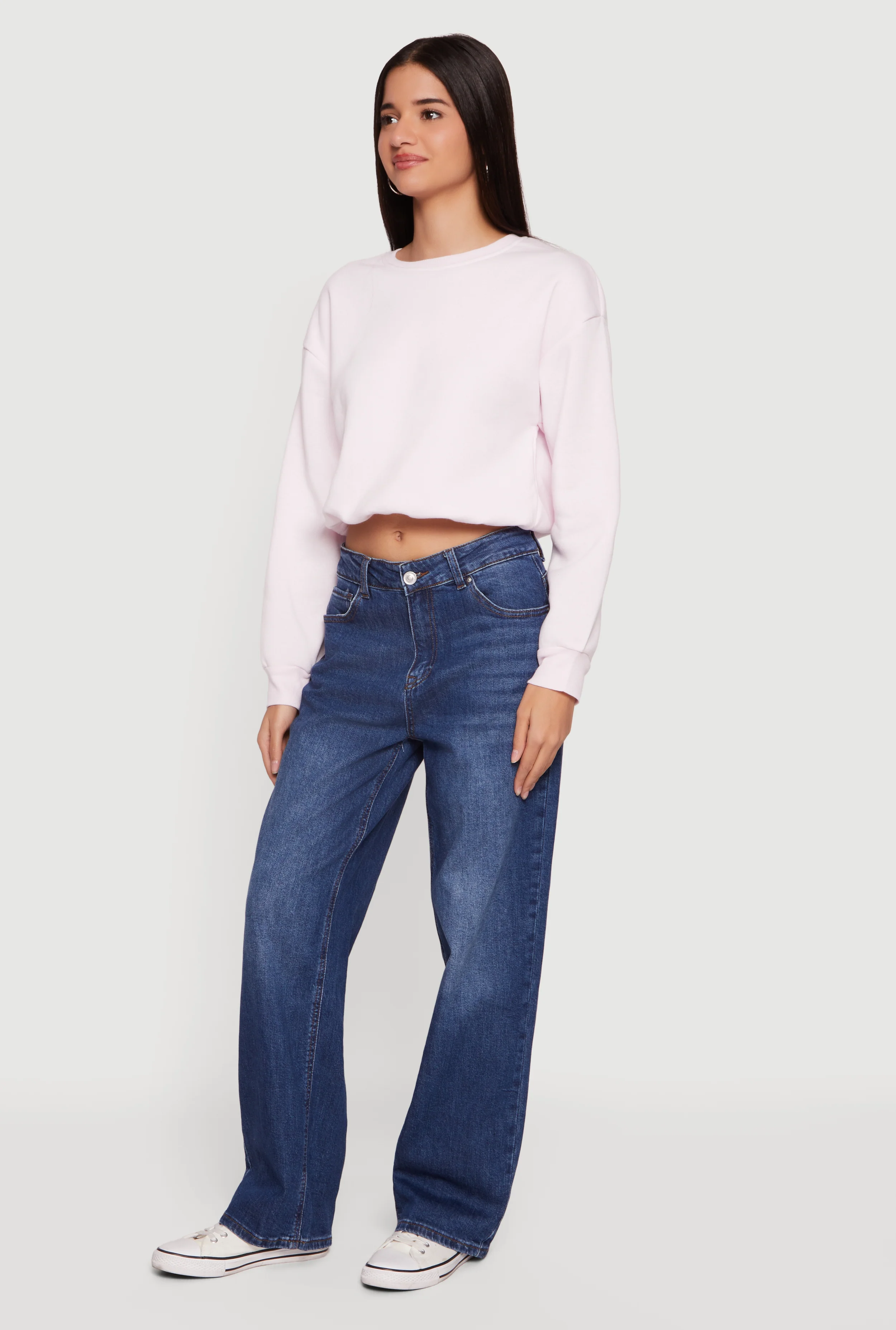 Long Sleeve Crew Neck Bubble Hem Cropped Sweatshirt - Image 3