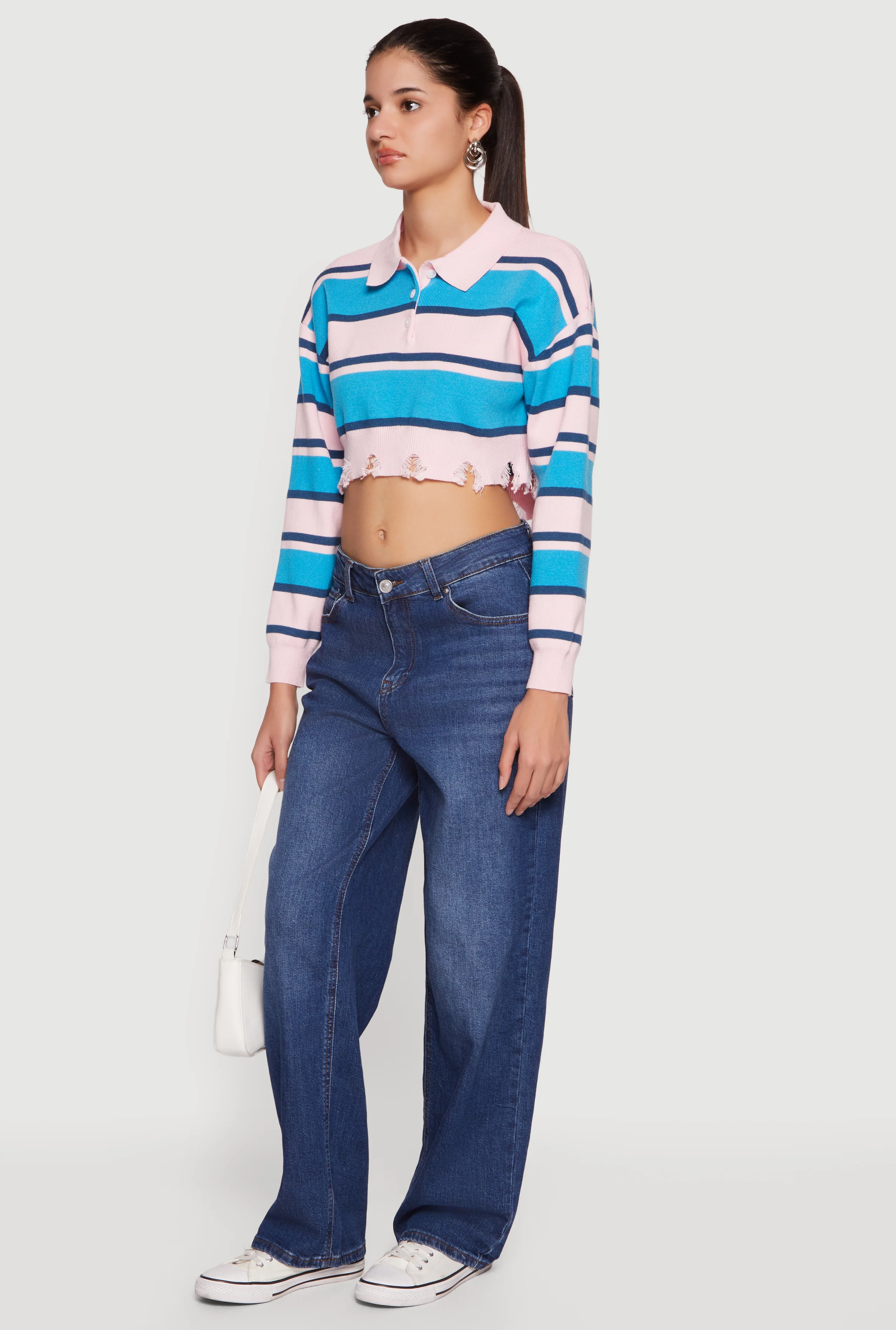 Striped Frayed Hem Cropped Polo Sweater - Image 3