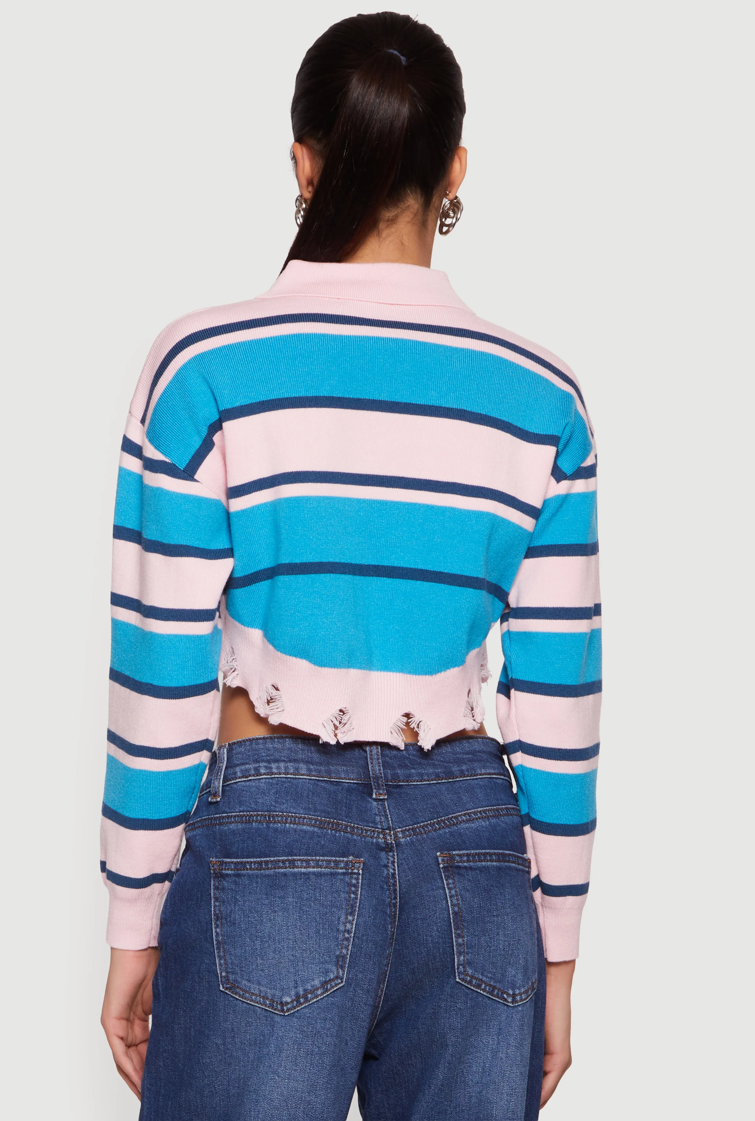 Striped Frayed Hem Cropped Polo Sweater - Image 5