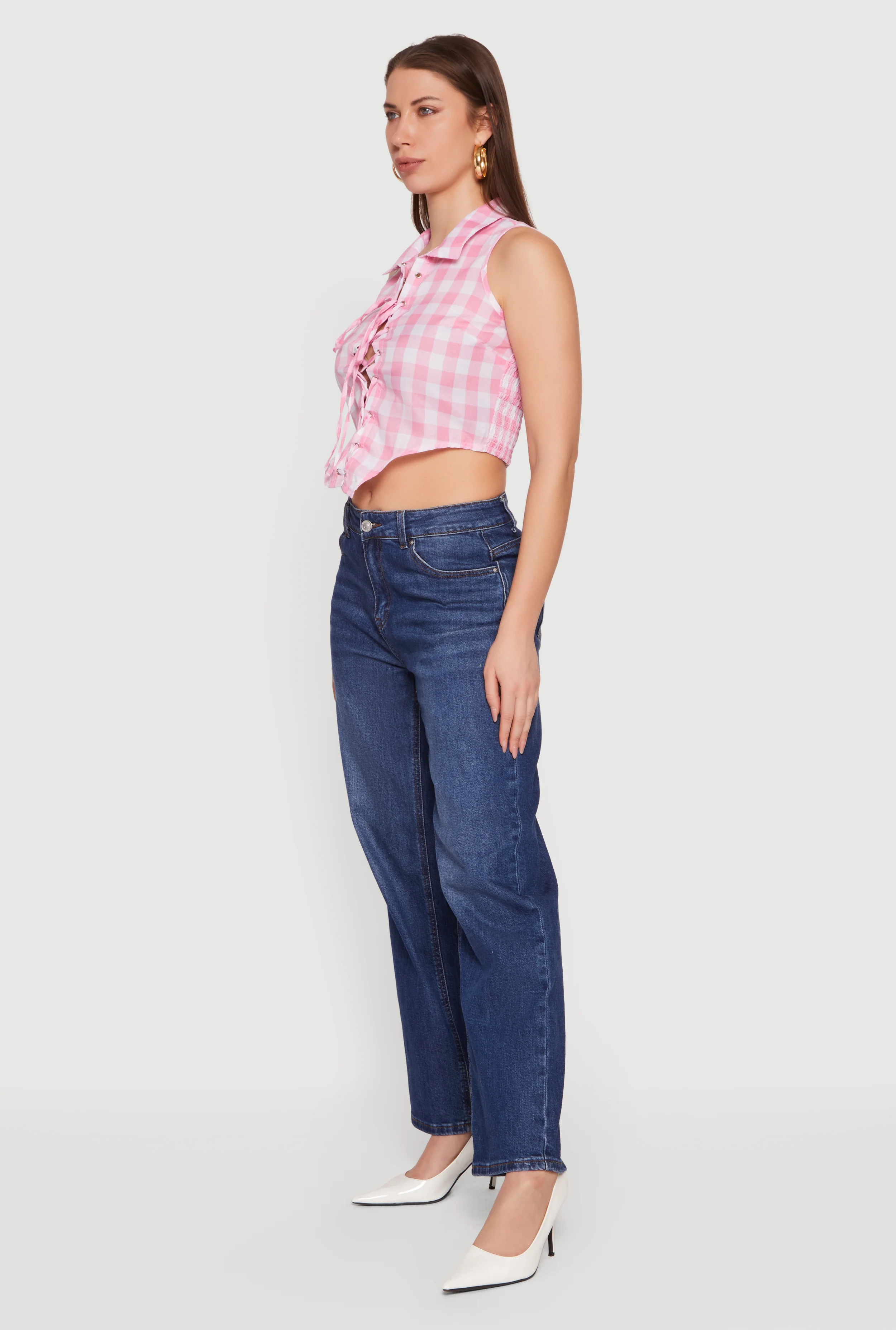 Plaid Lace Front Smocked Back Crop Top - Image 3
