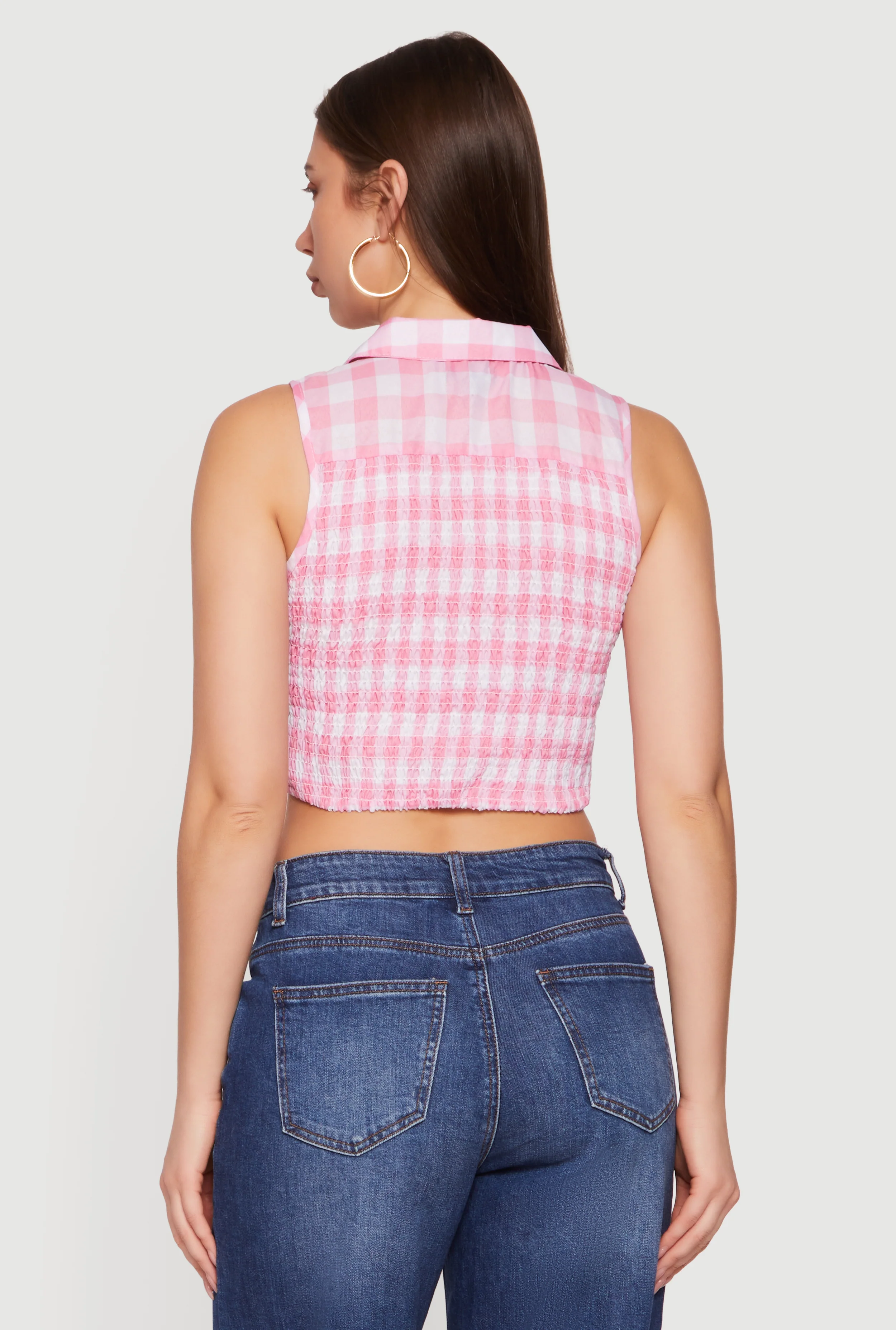 Plaid Lace Front Smocked Back Crop Top - Image 5