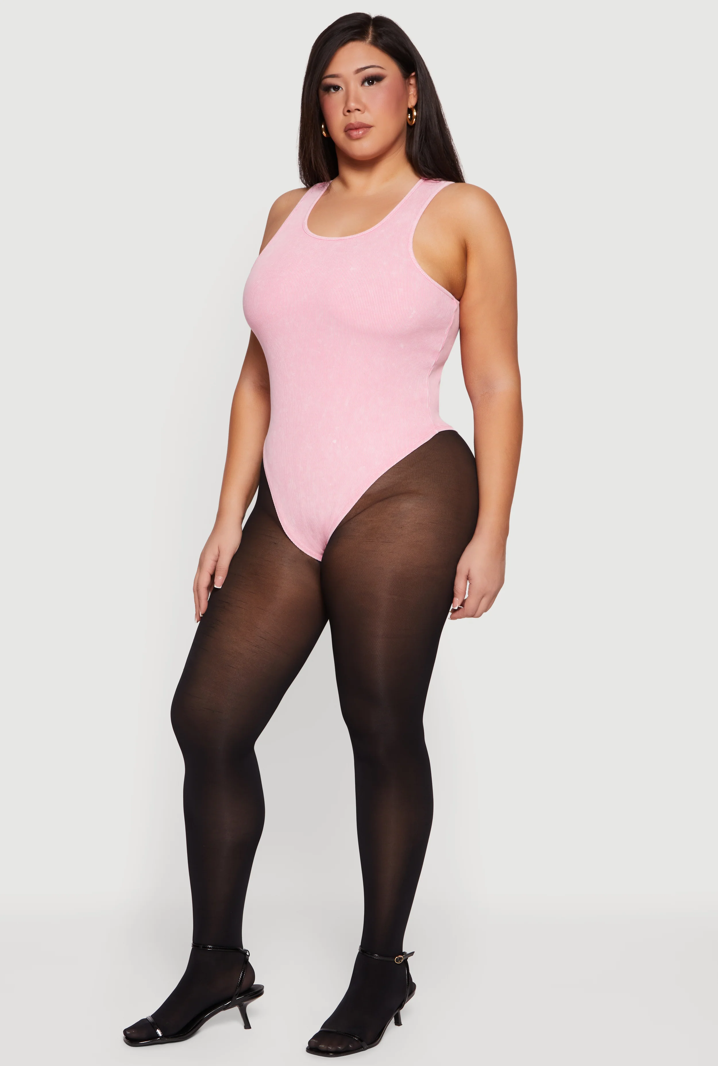 Plus Size Acid Wash Rib Knit Scoop Neck Bodysuit - Image 3