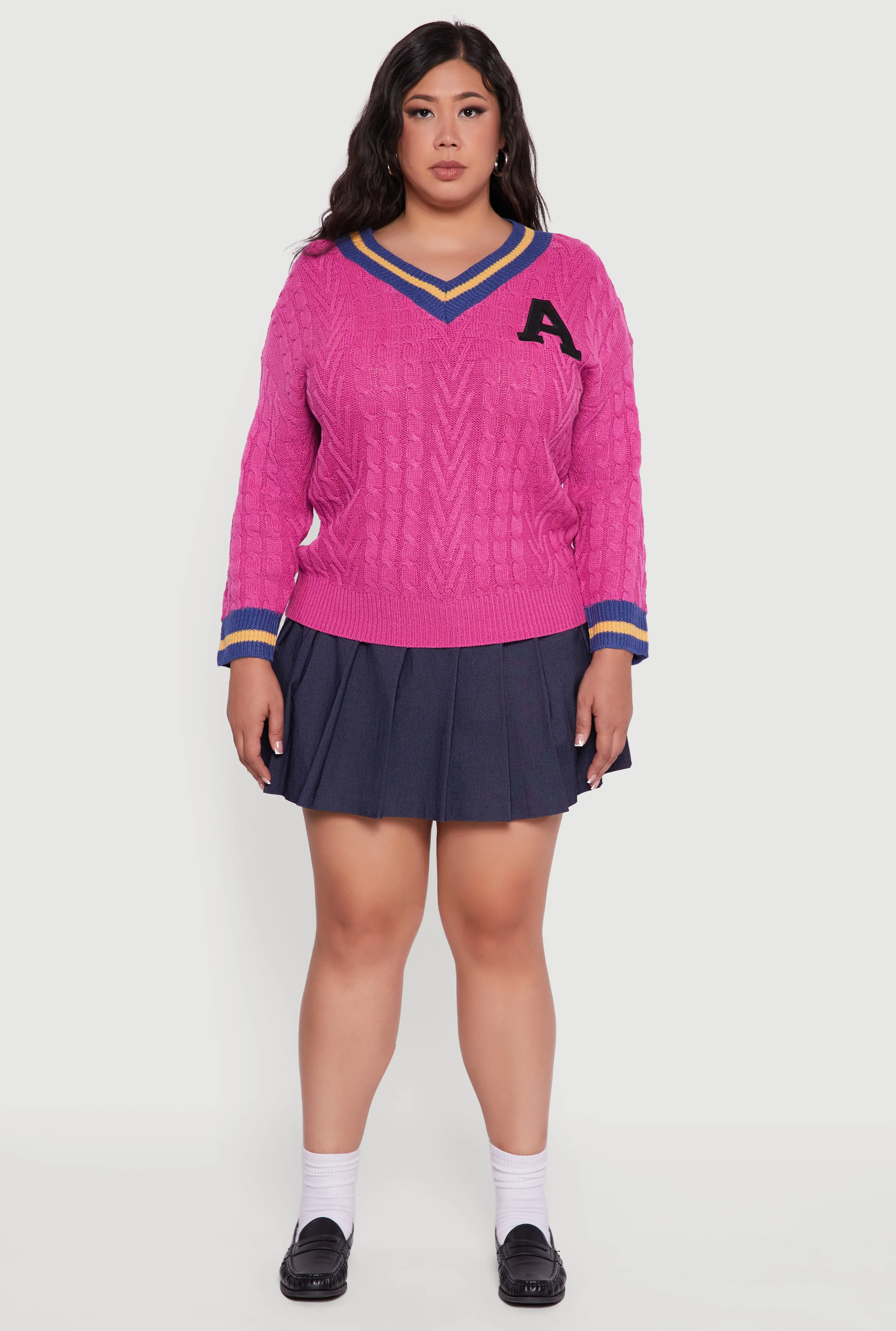Plus Size Cable Knit Varsity Stripe Sweater - Image 3