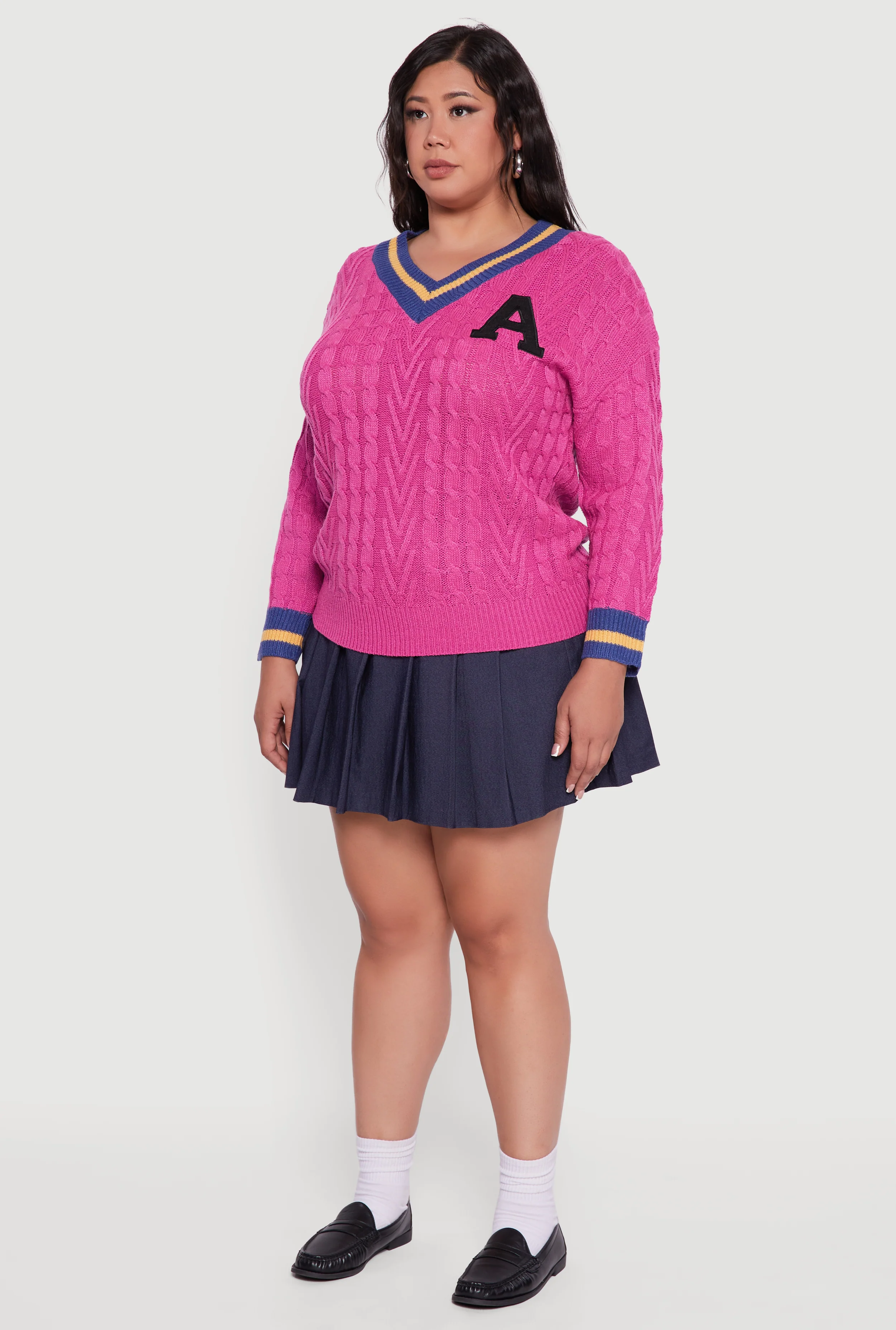 Plus Size Cable Knit Varsity Stripe Sweater - Image 5