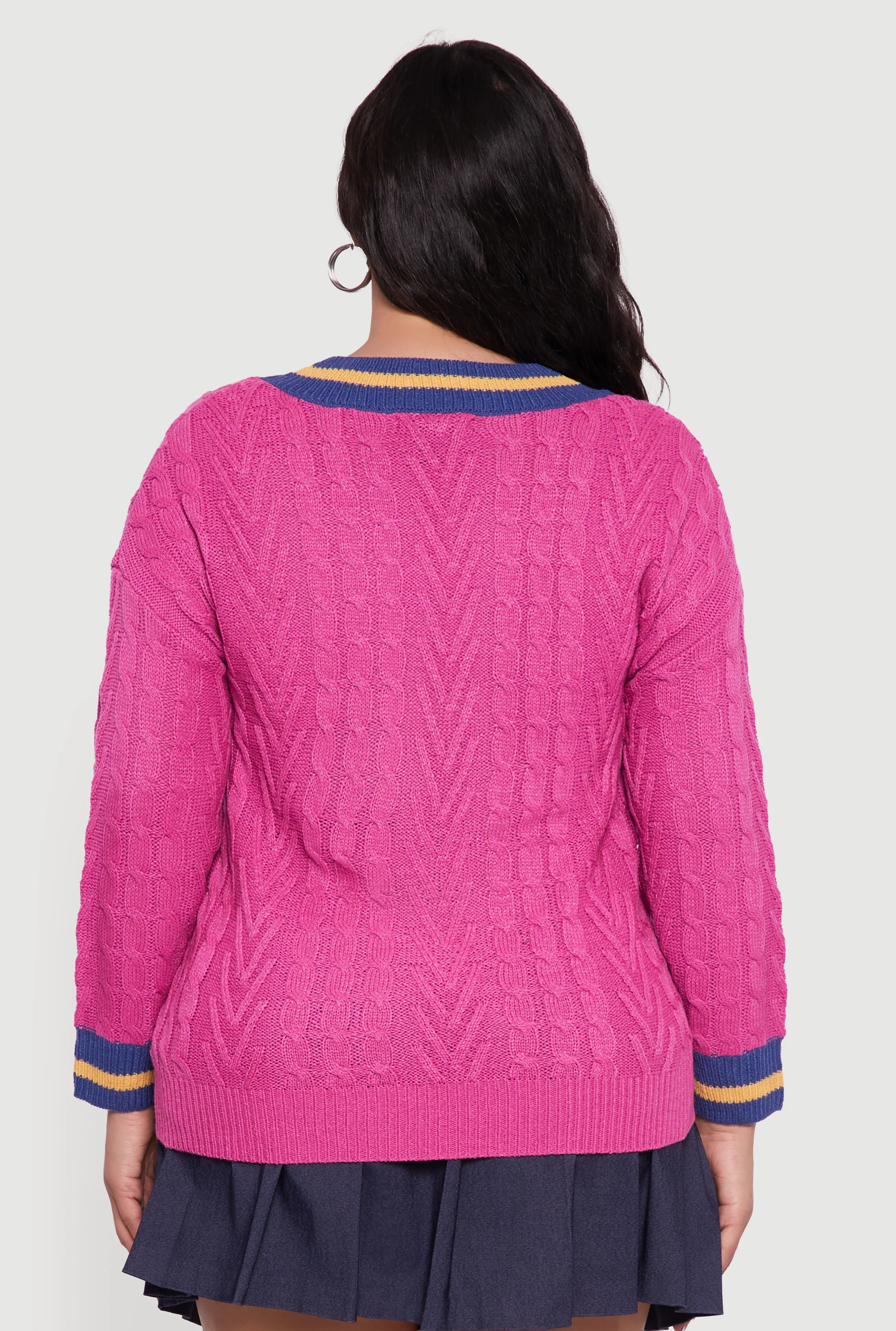 Plus Size Cable Knit Varsity Stripe Sweater - Image 6