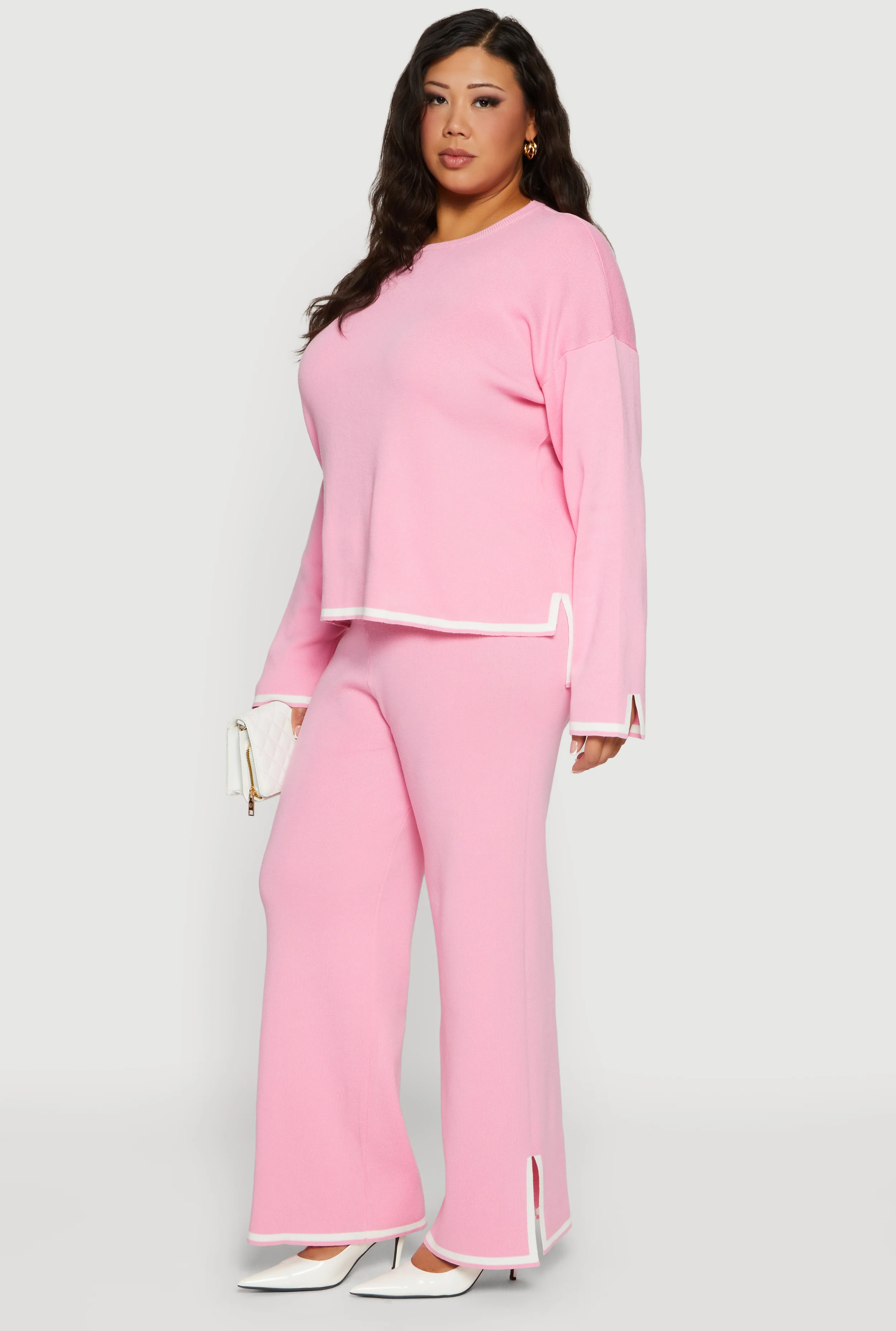 Plus Size Long Sleeve Contrast Trim Sweater - Image 3