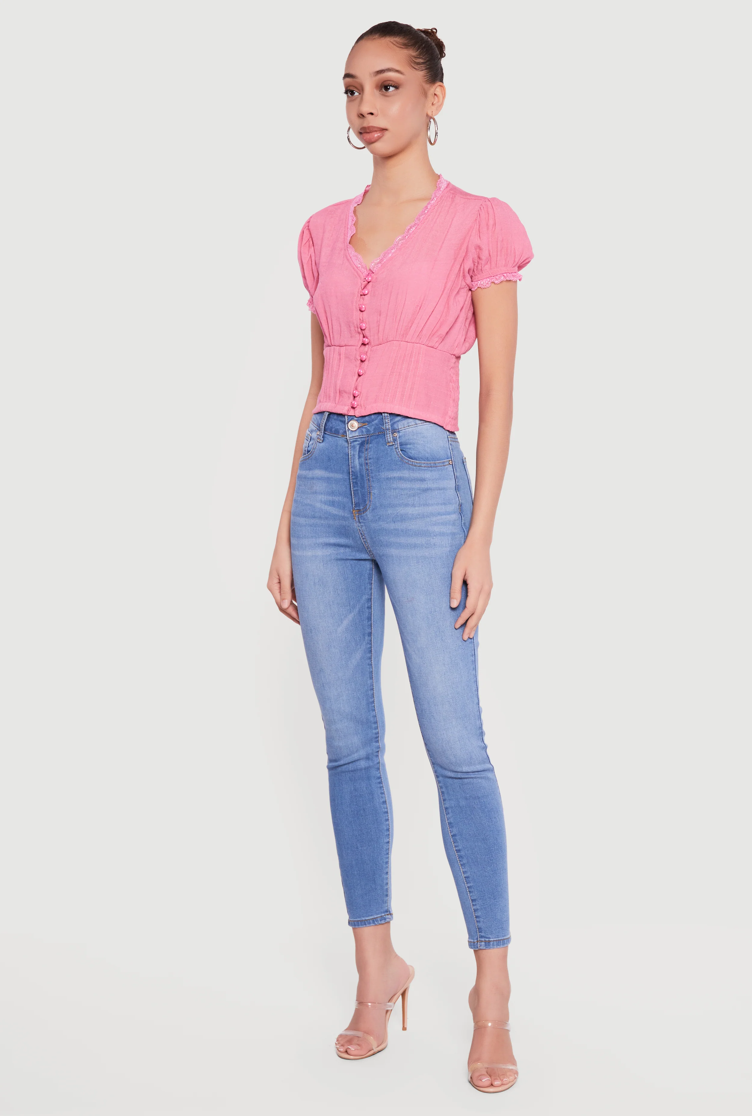 Puff Sleeve Cropped Button Front Blouse - Image 3