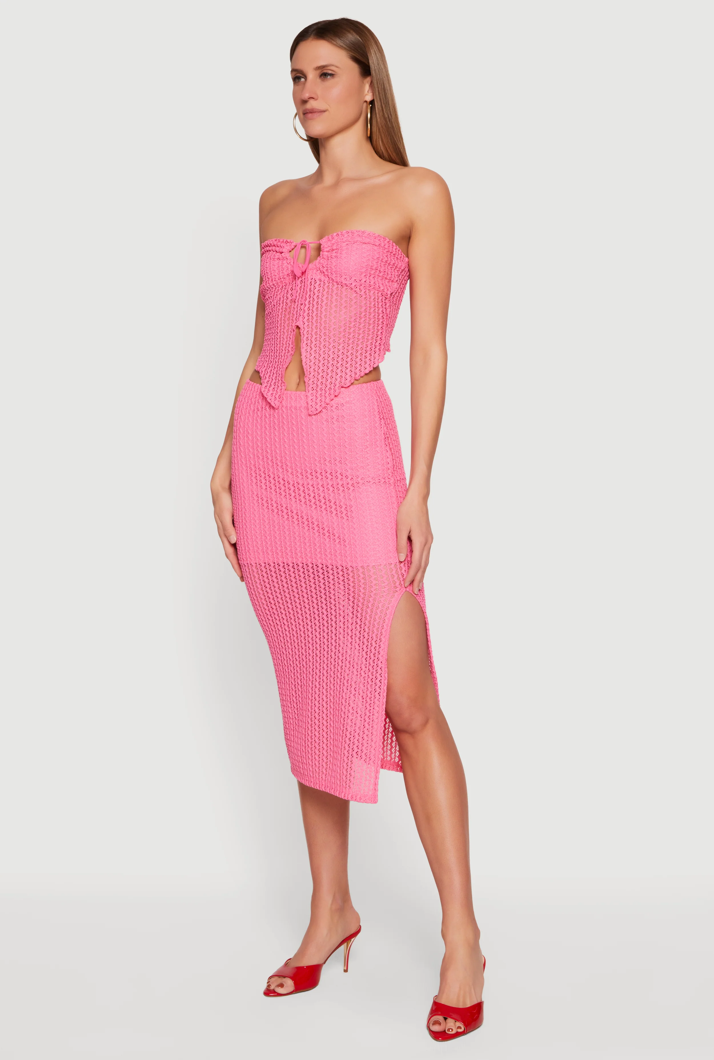 Textured Knit Drawstring Keyhole Crop Tube Top - Image 3