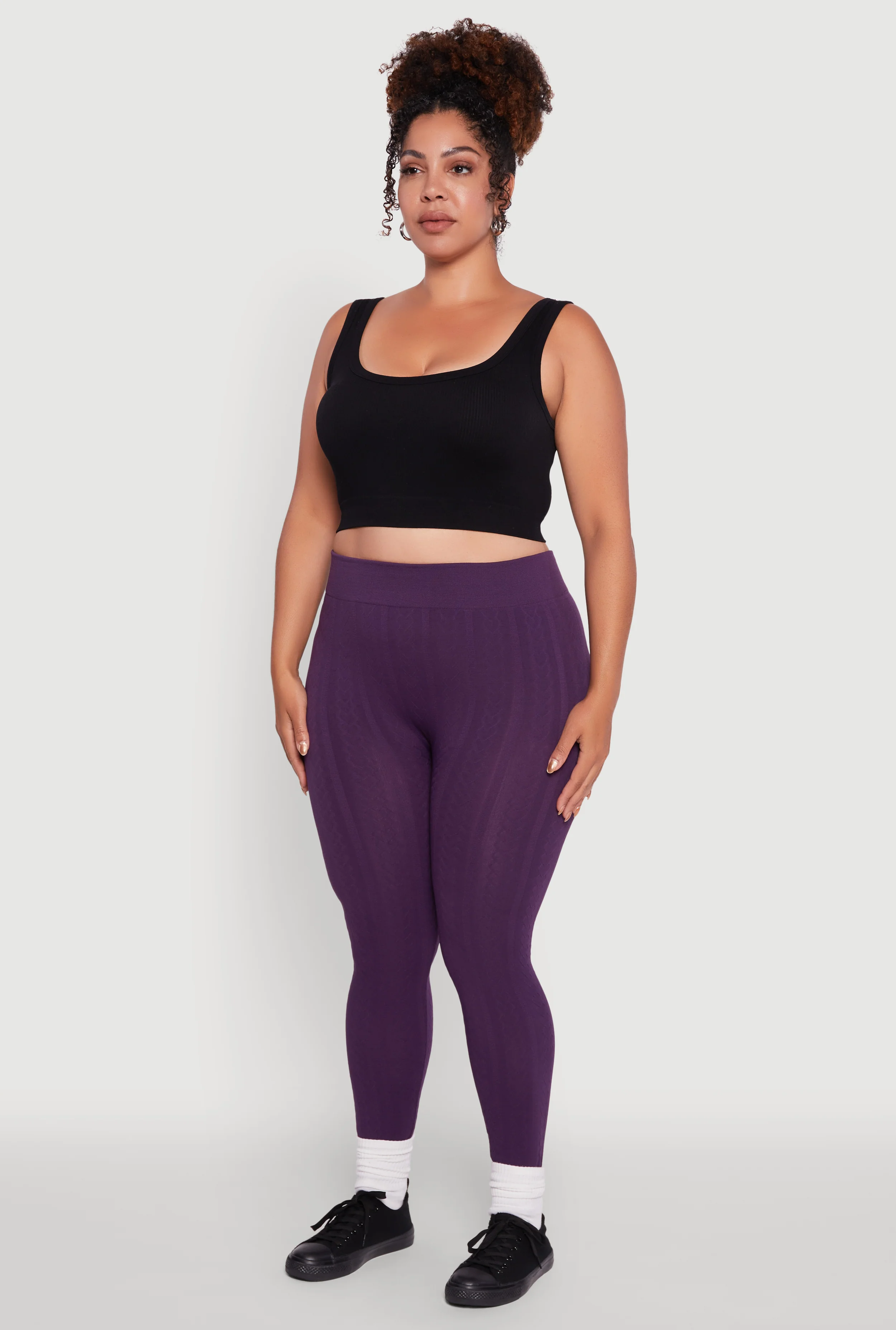 Plus Size High Waisted Fleece Lined Textured Knit Leggings - Image 3