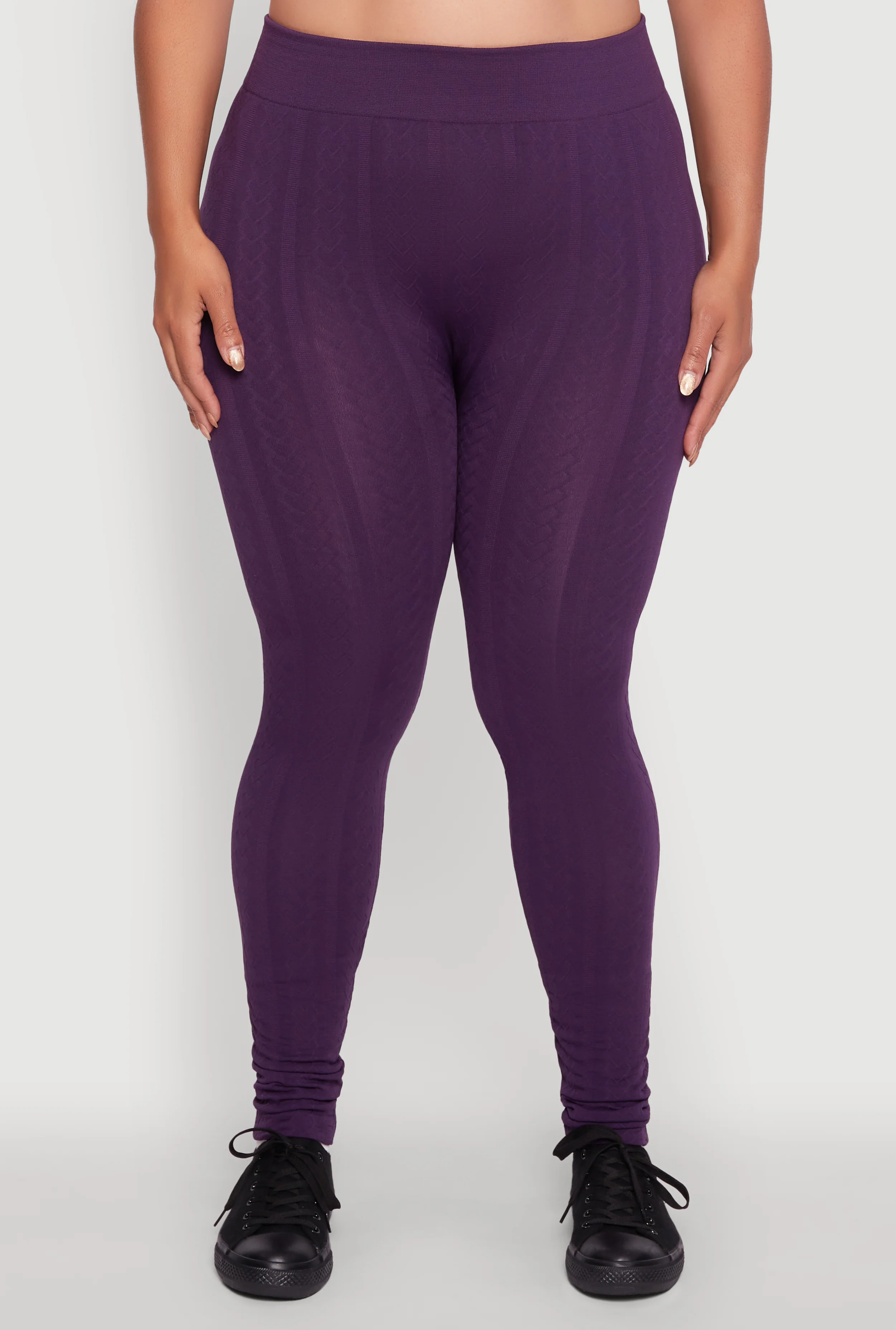 Plus Size High Waisted Fleece Lined Textured Knit Leggings - Image 5