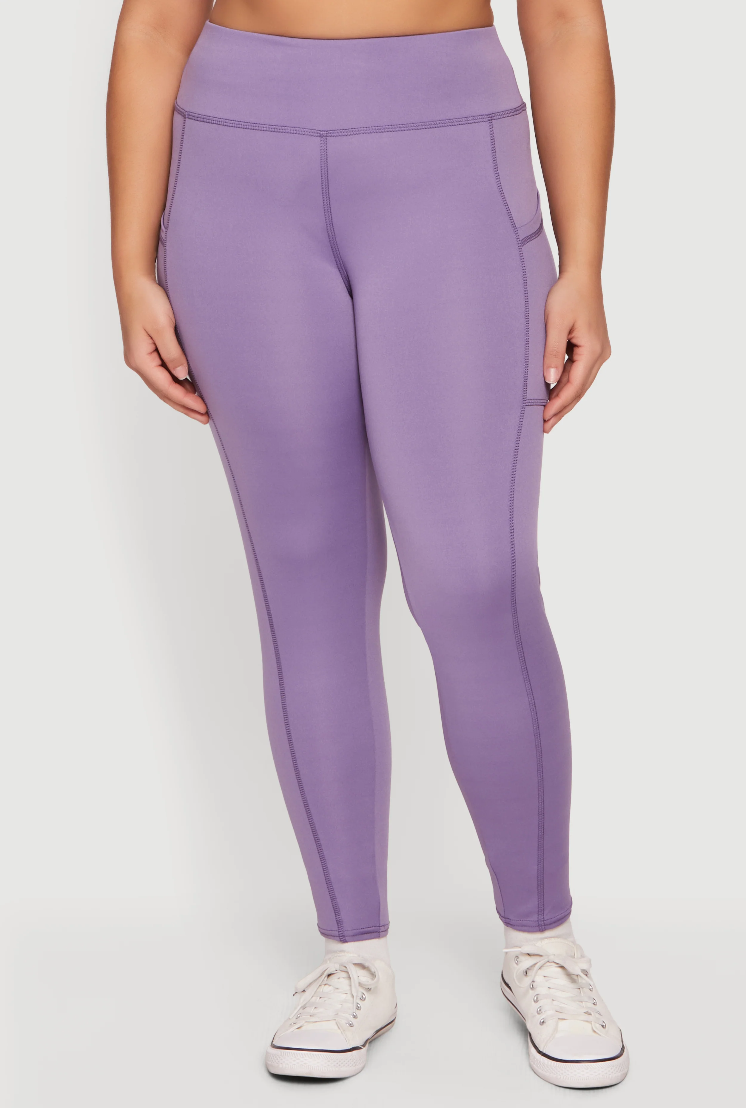 Plus Size Solid High Waisted Leggings with Cell Phone Pockets - Image 3
