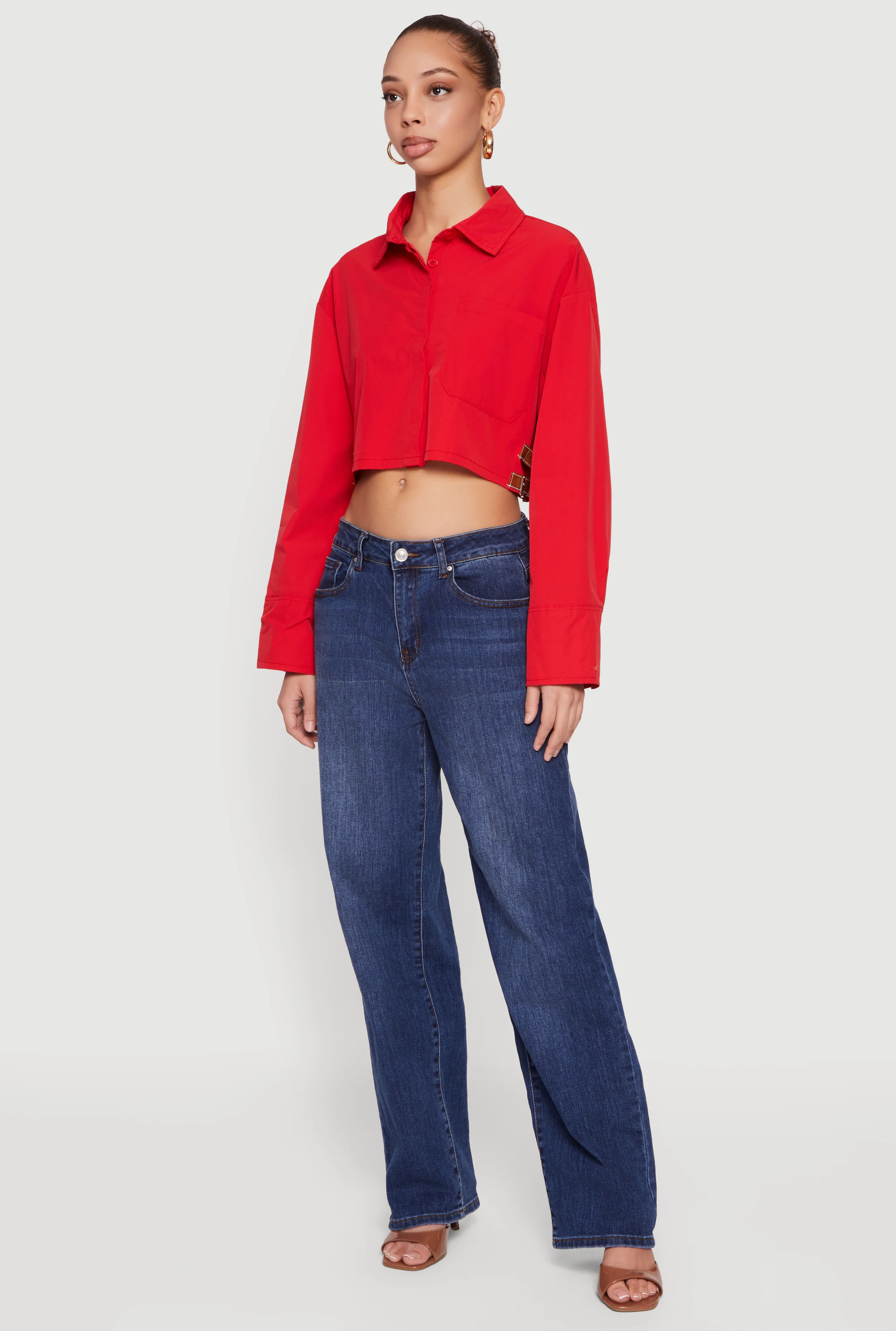 Buckle Detail Button Front Cropped Blouse - Image 3
