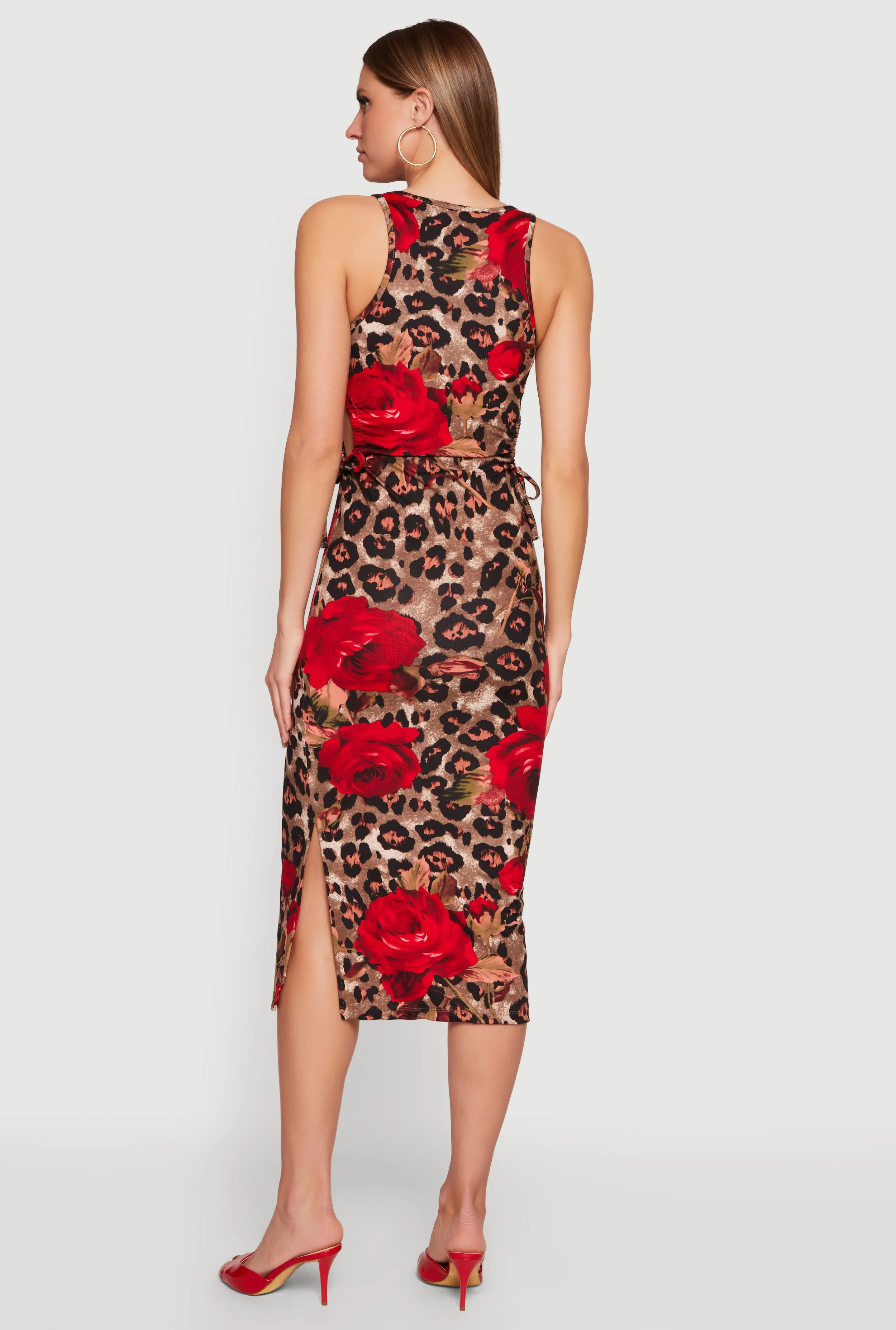 Floral Animal Print Drawstring Sides Midi Dress - Image 3