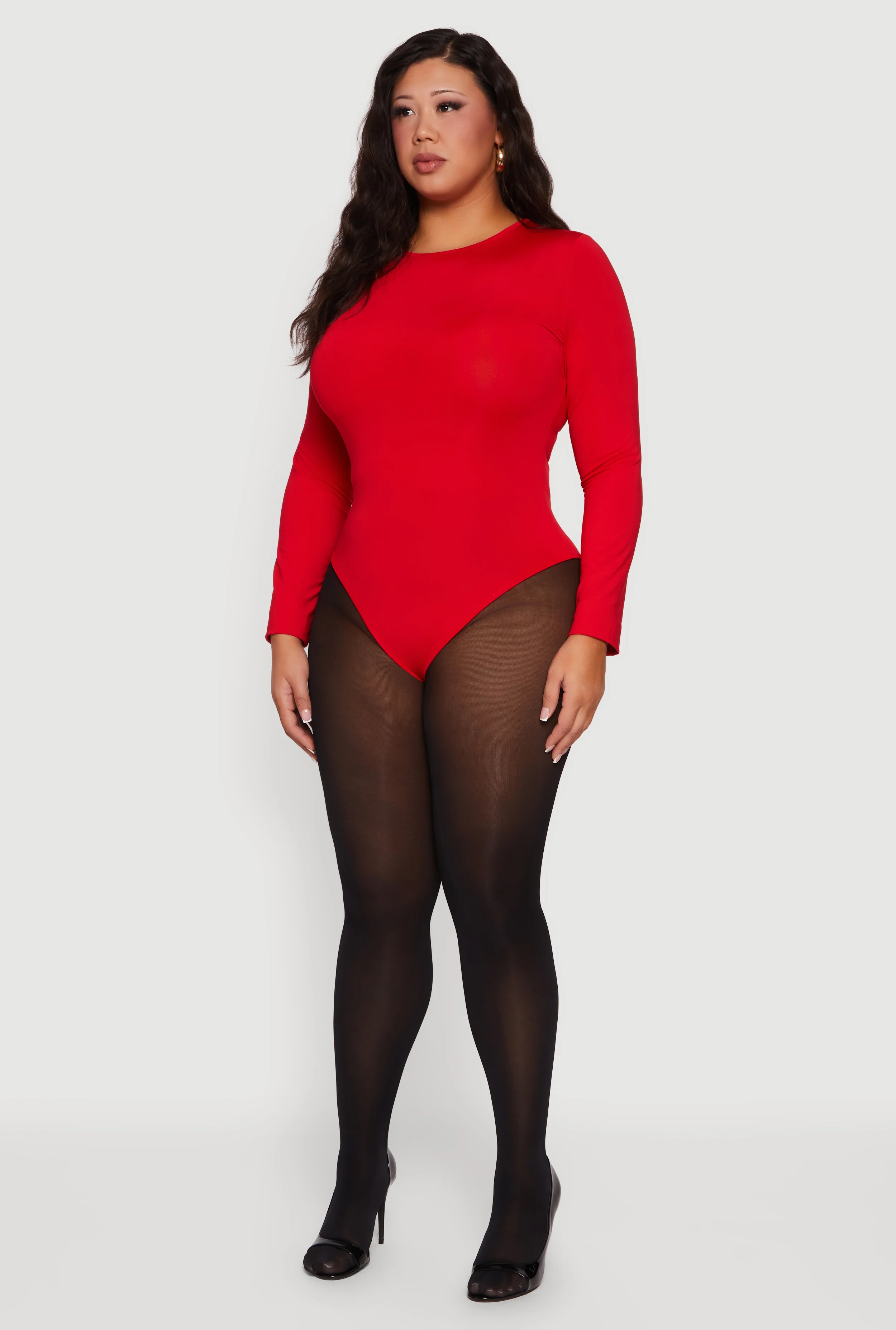 Plus Size Long Sleeve Solid Crew Neck Bodysuit - Image 3
