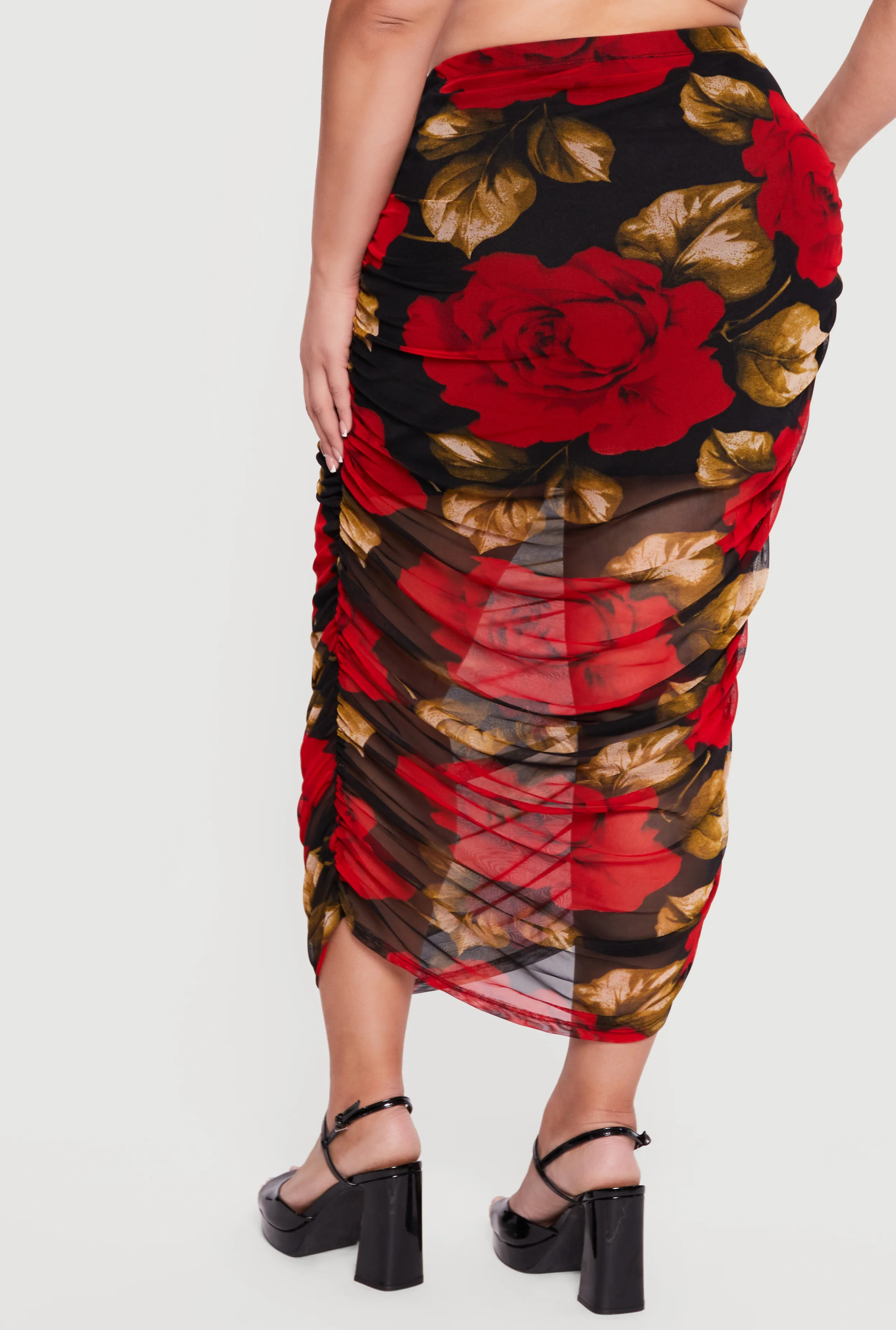 Plus Size Patterned Ruched Mesh Midi Skirt - Image 5