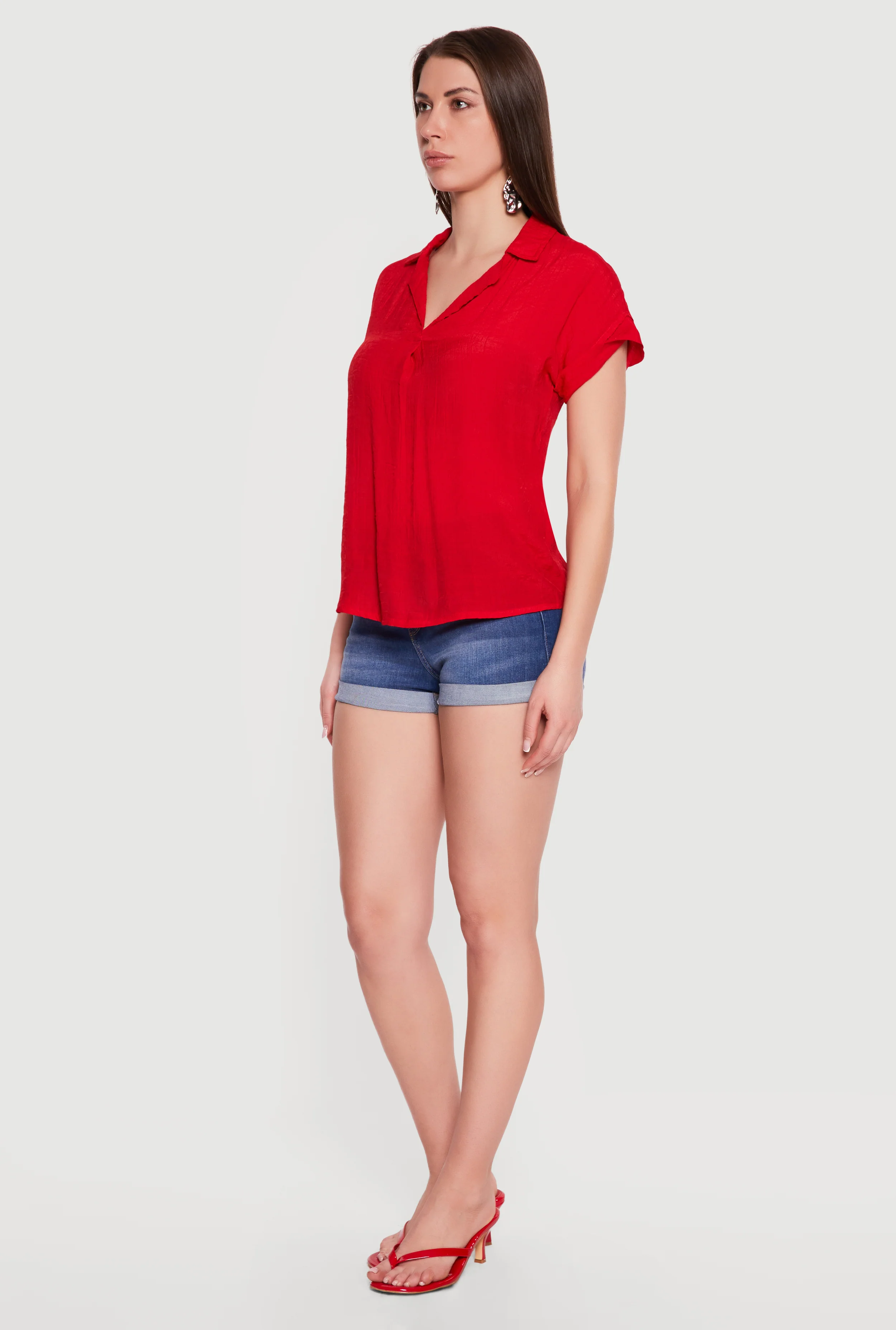 Solid Gauze Knit Collared Short Sleeve Top - Image 3