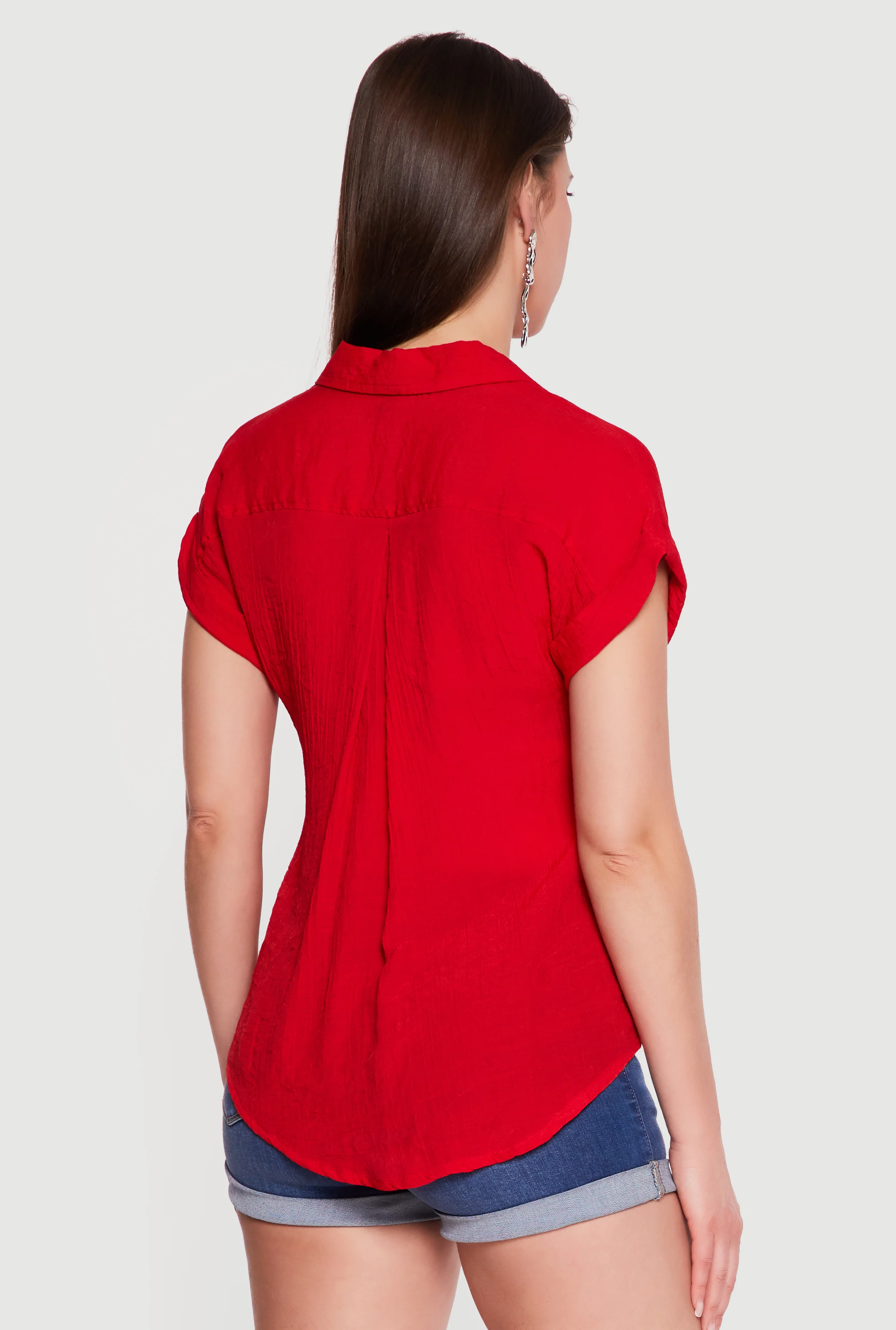 Solid Gauze Knit Collared Short Sleeve Top - Image 5
