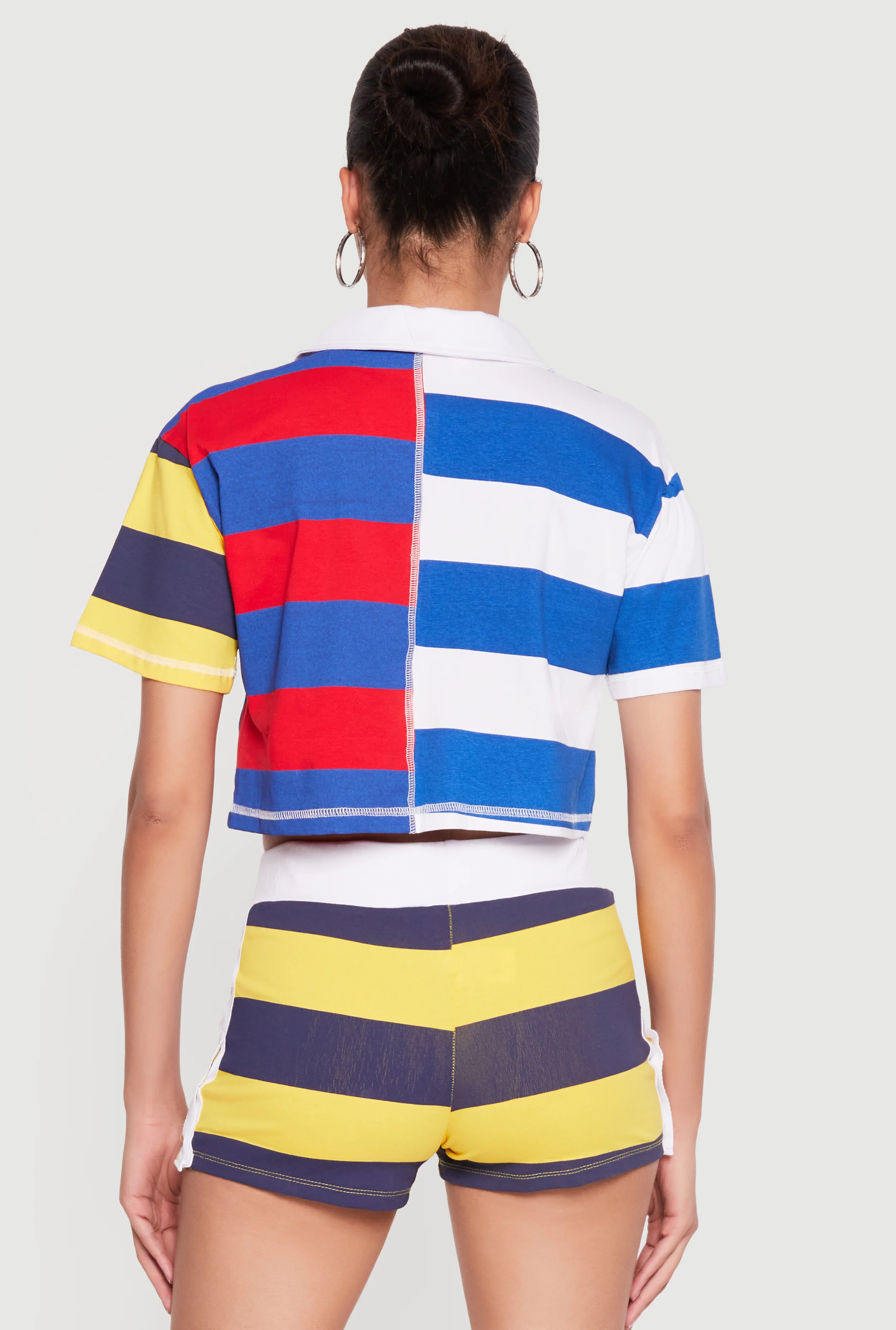 Striped Graphic Cropped Lace Up Polo Top - Image 5