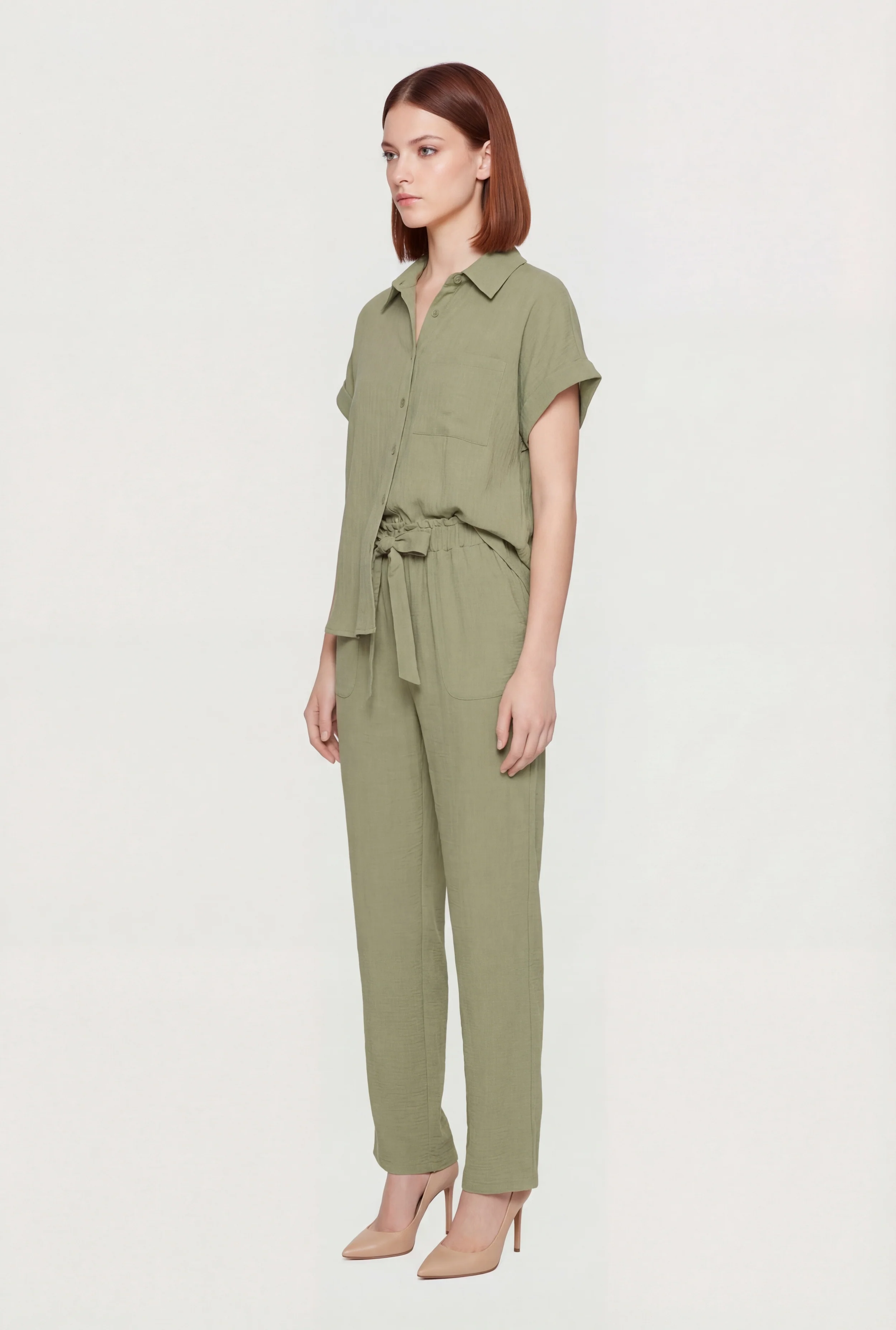Button Front Crepe Knit Short Sleeve Shirt - Image 3