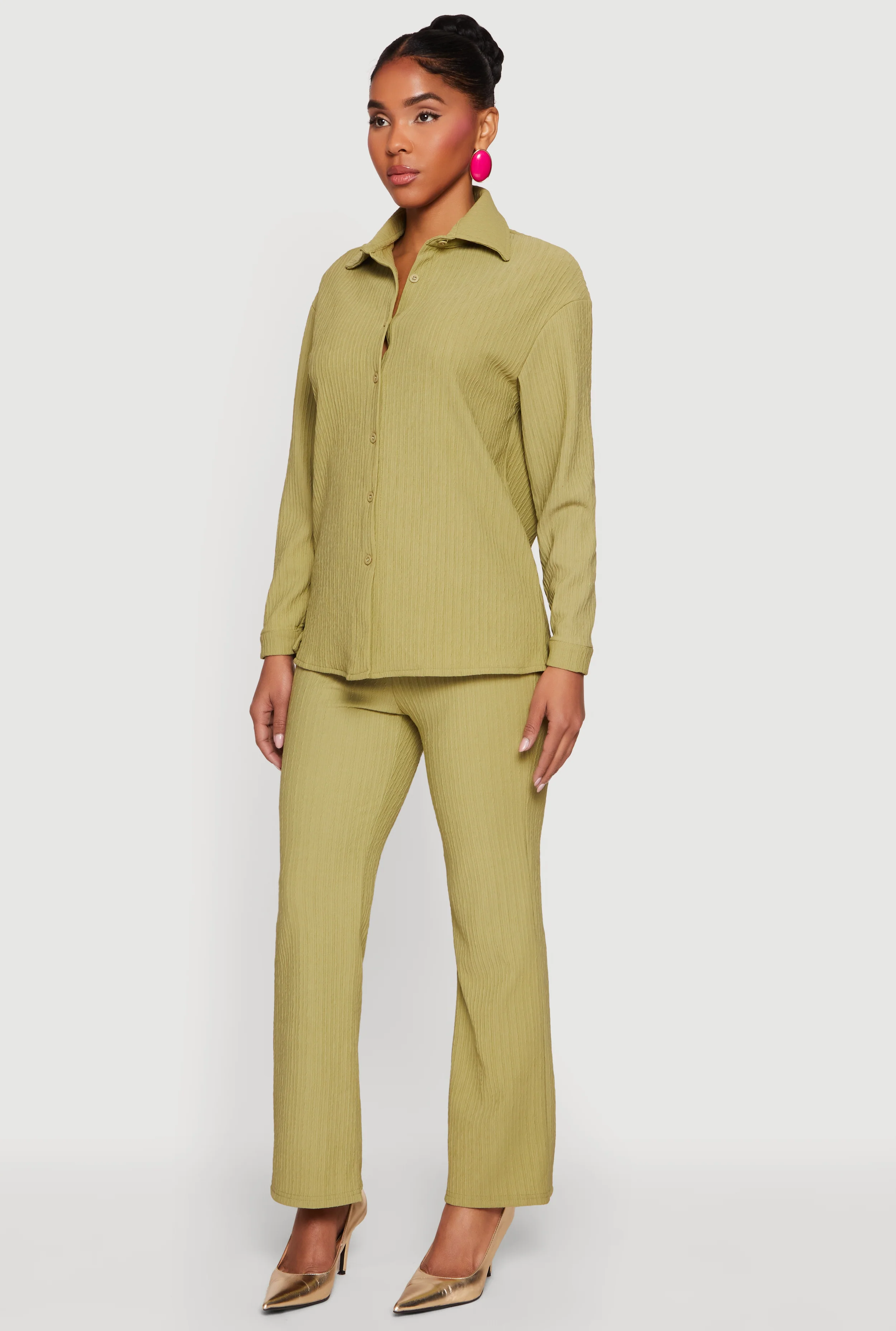 Textured Ribbed Knit Button Front Long Sleeve Shirt - Image 3