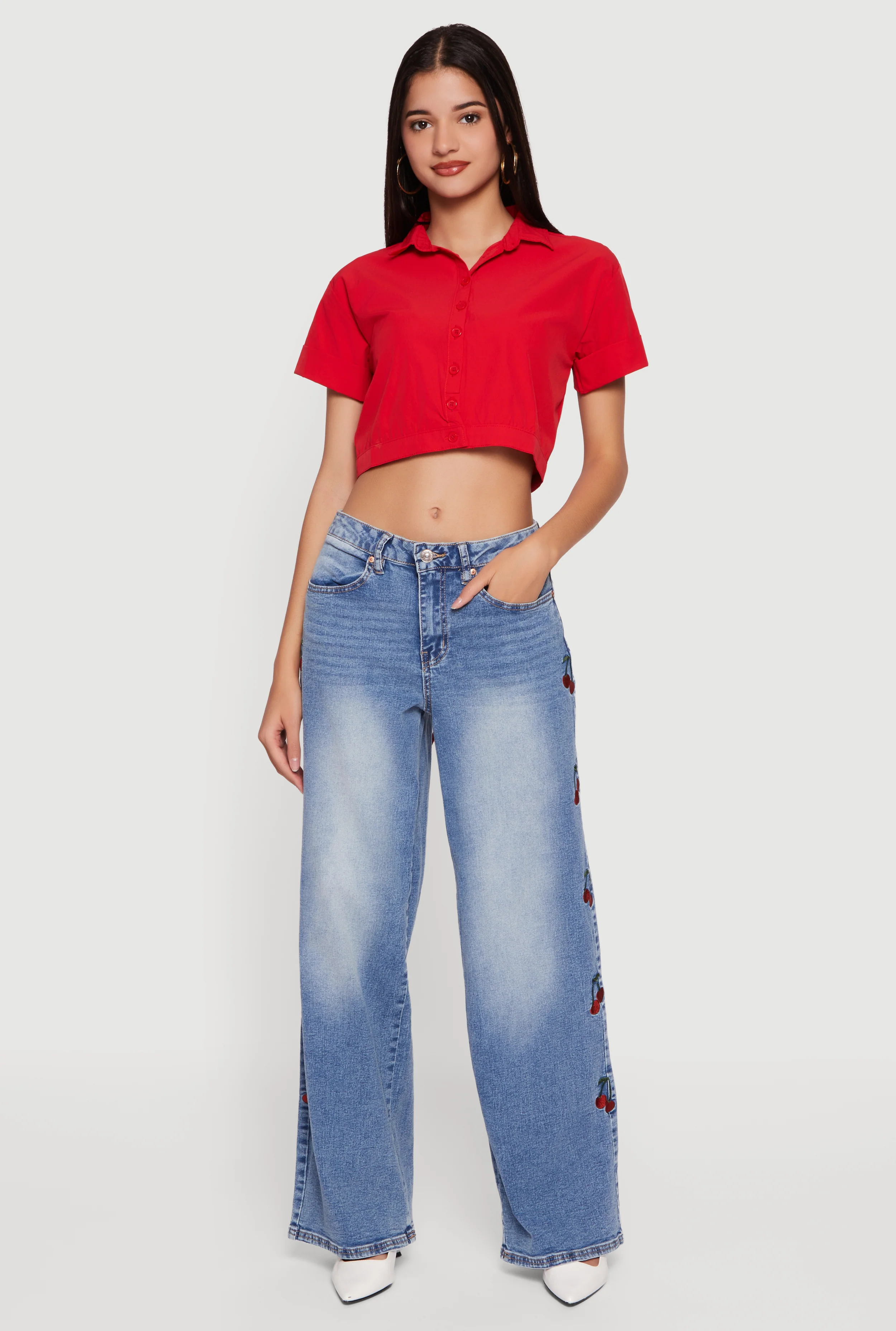 Short Sleeve Button Front Lace Up Cropped Shirt - Image 3