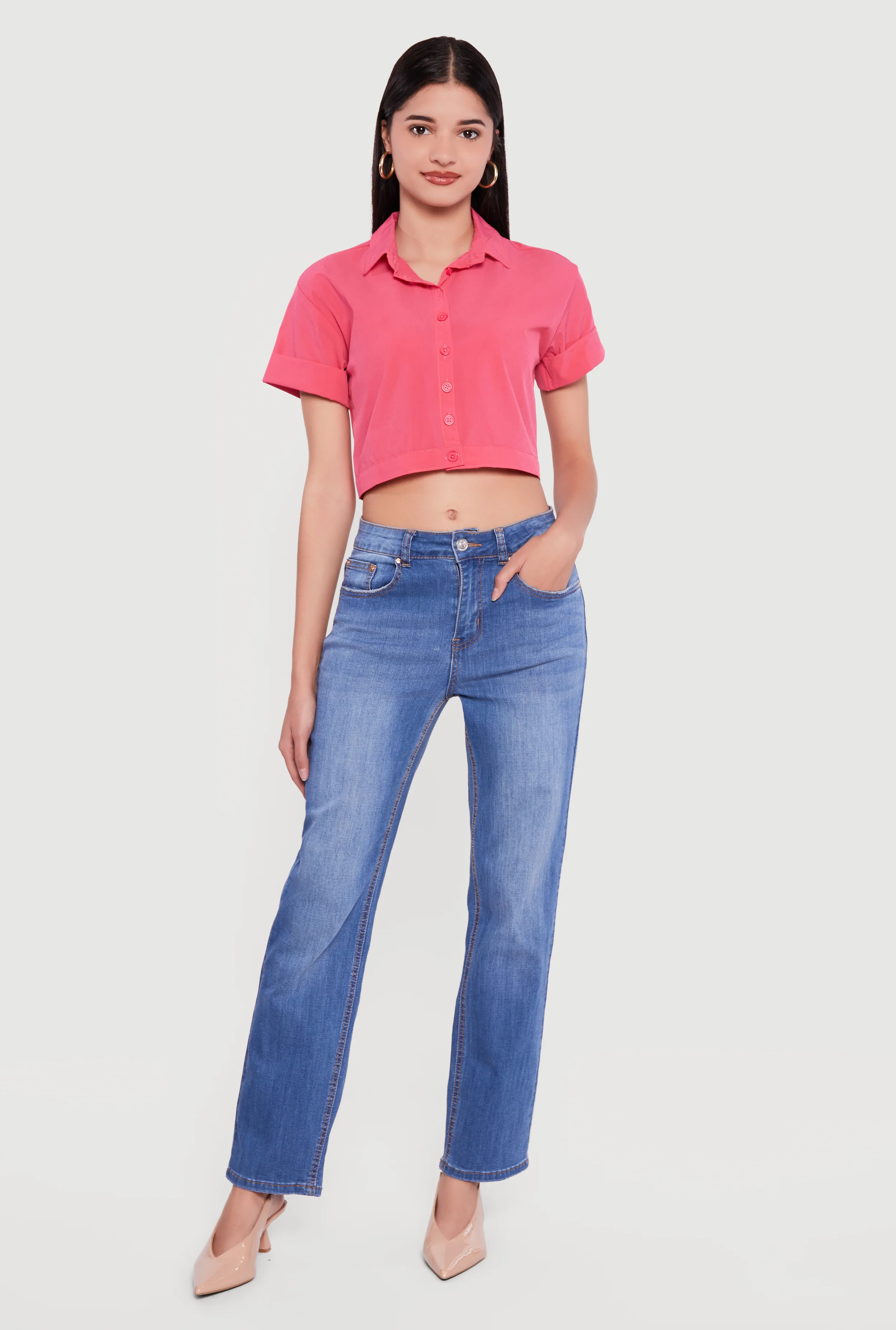 Short Sleeve Button Front Lace Up Cropped Shirt - Image 5