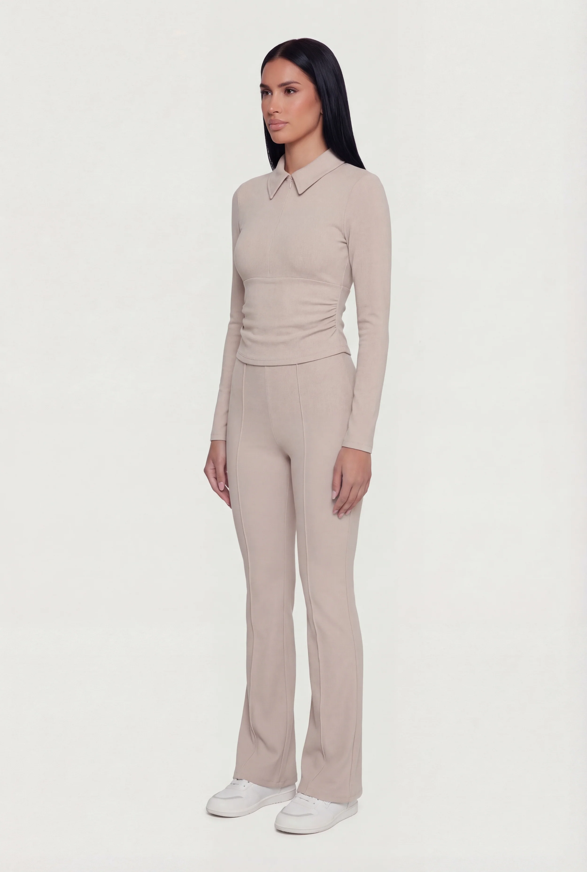 Brushed Knit Long Sleeve Zip Front Polo Shirt - Image 3