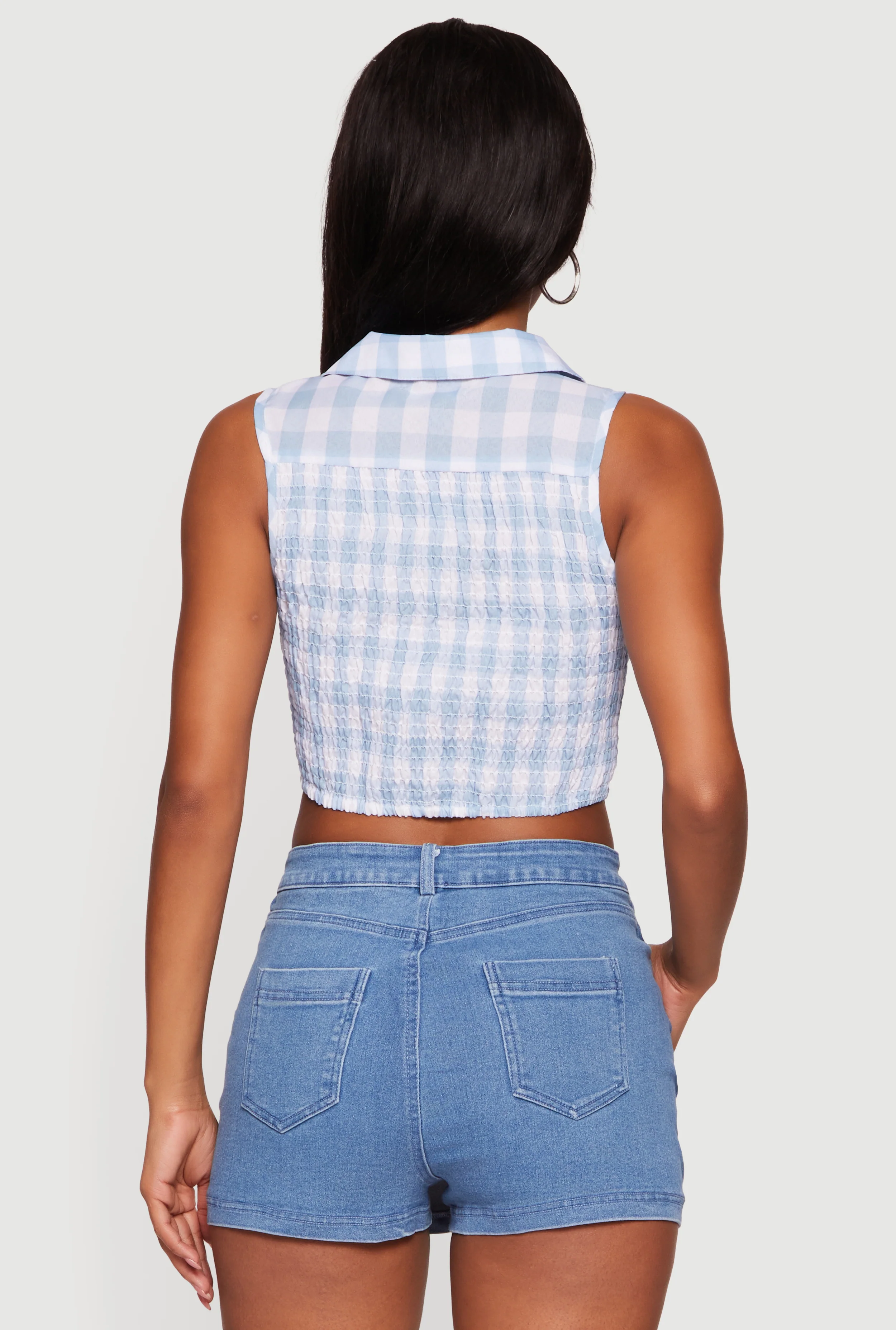 Plaid Lace Front Smocked Back Crop Top - Image 5