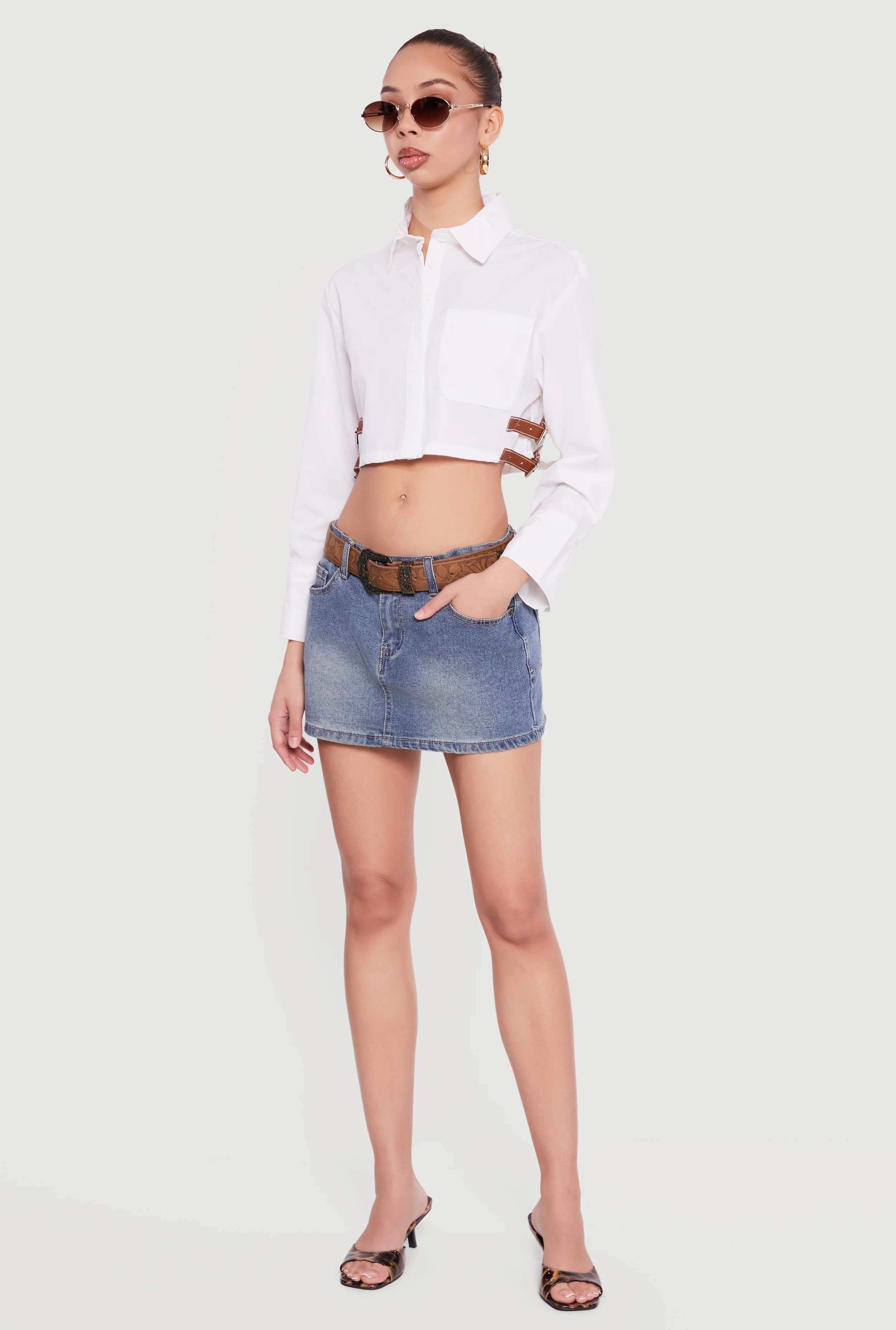 Buckle Detail Button Front Cropped Blouse - Image 3