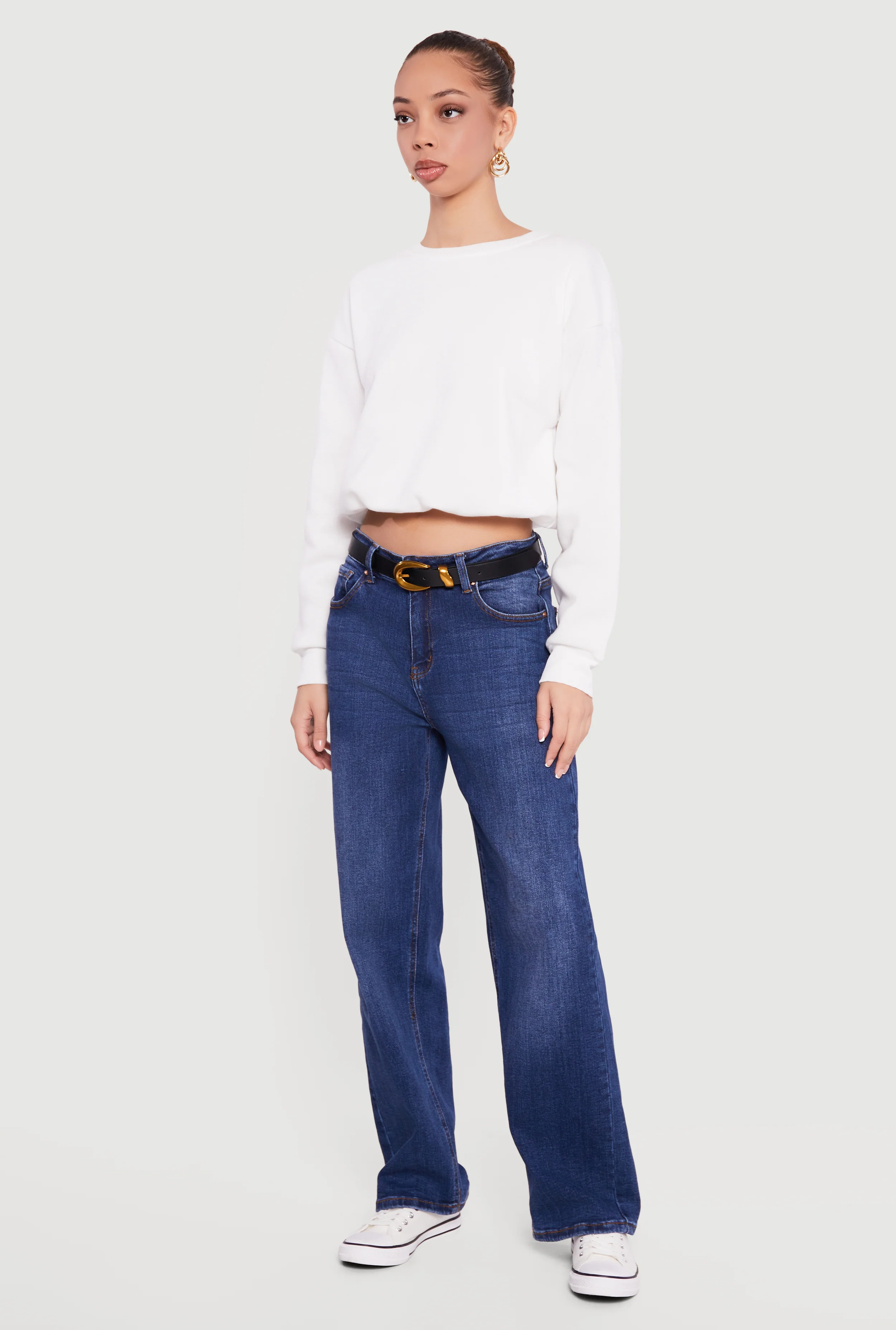 Long Sleeve Crew Neck Bubble Hem Cropped Sweatshirt - Image 3