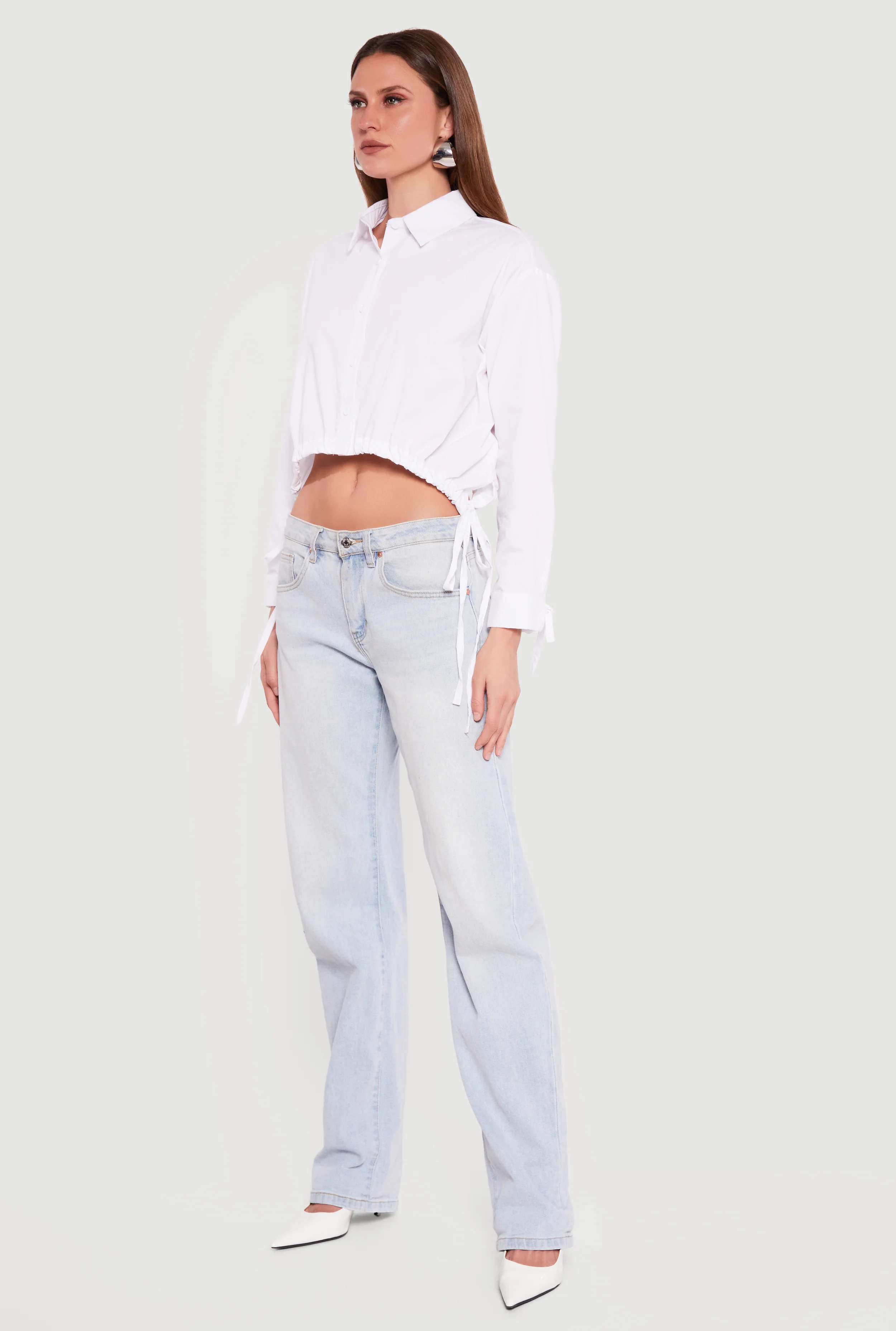 Long Sleeve Drawstring Hem Cropped Button Front Shirt - Image 3