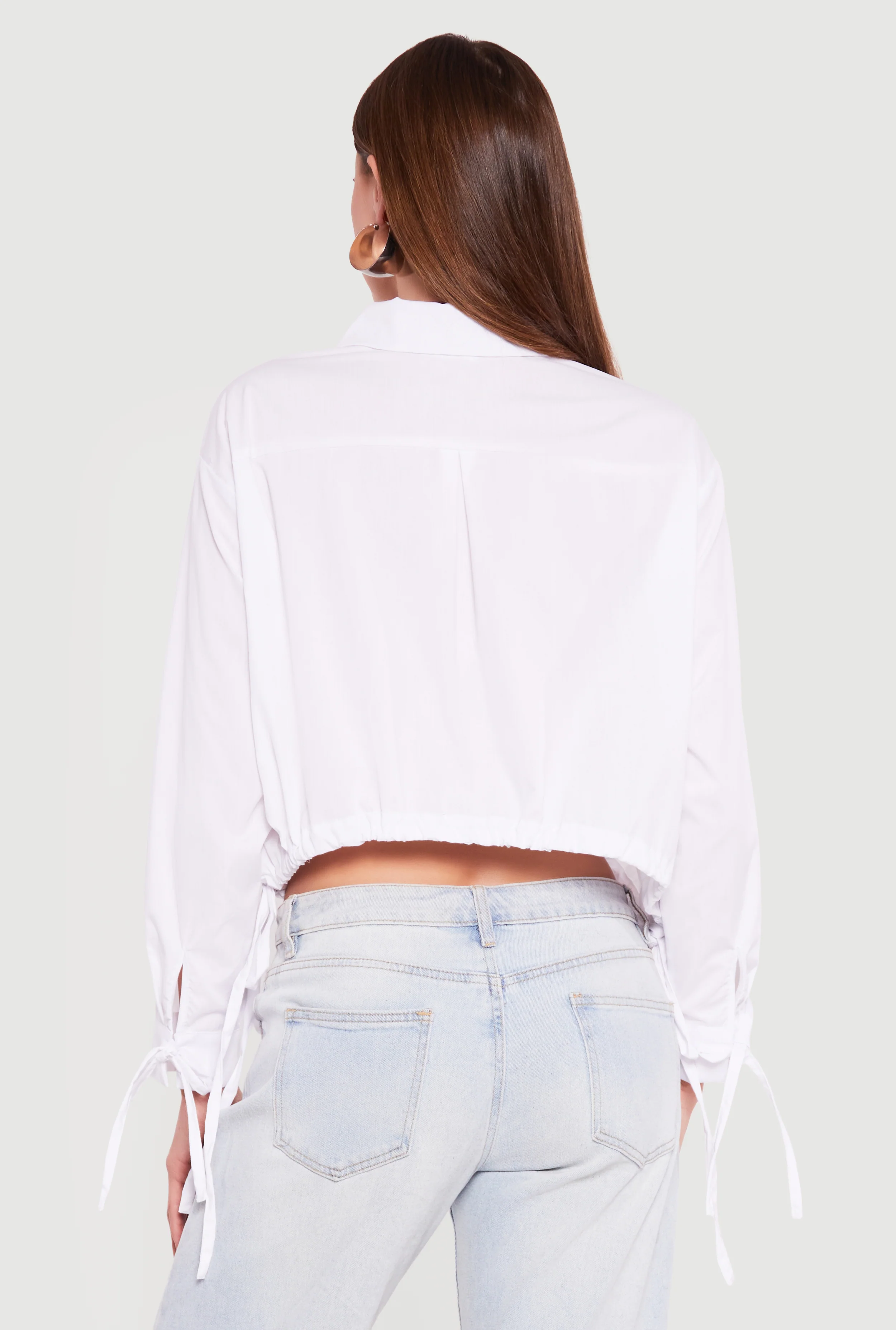 Long Sleeve Drawstring Hem Cropped Button Front Shirt - Image 5